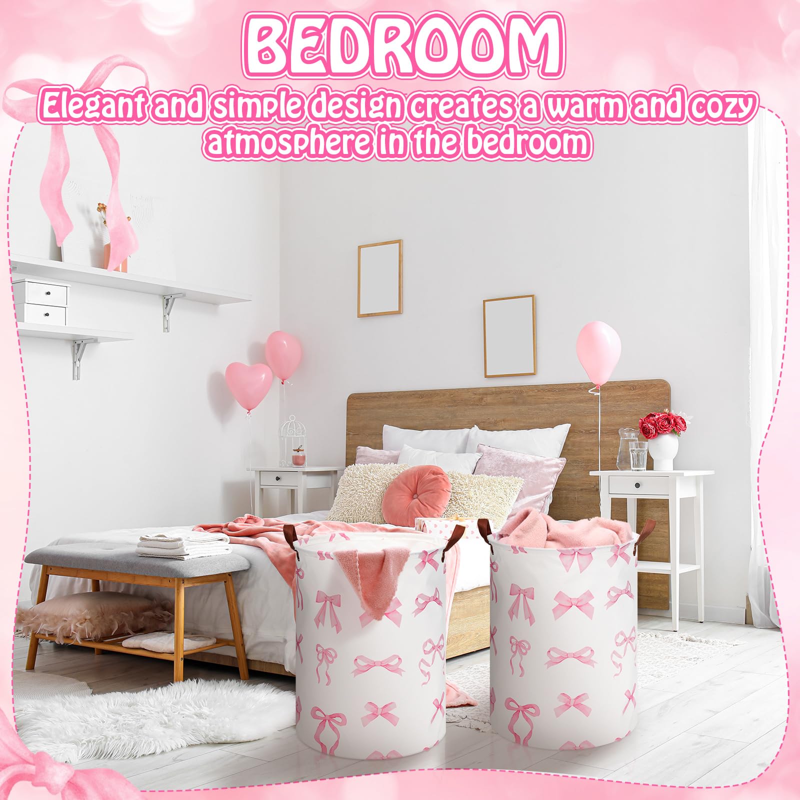 Croblissful 2 Pcs Coquette Pink Bow Laundry Basket Coquette Storage Basket For Girls Nursery Hamper With Handles Foldable Waterp