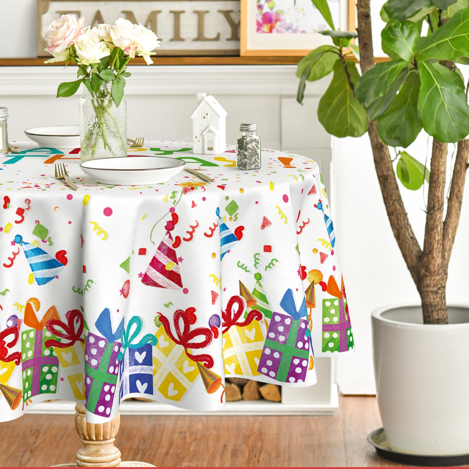 Horaldaily Birthday Round Tablecloth 70  70 Inch Round, Happy Birthday Balloon Washable Table Cover For Party Picnic Dinner Deco