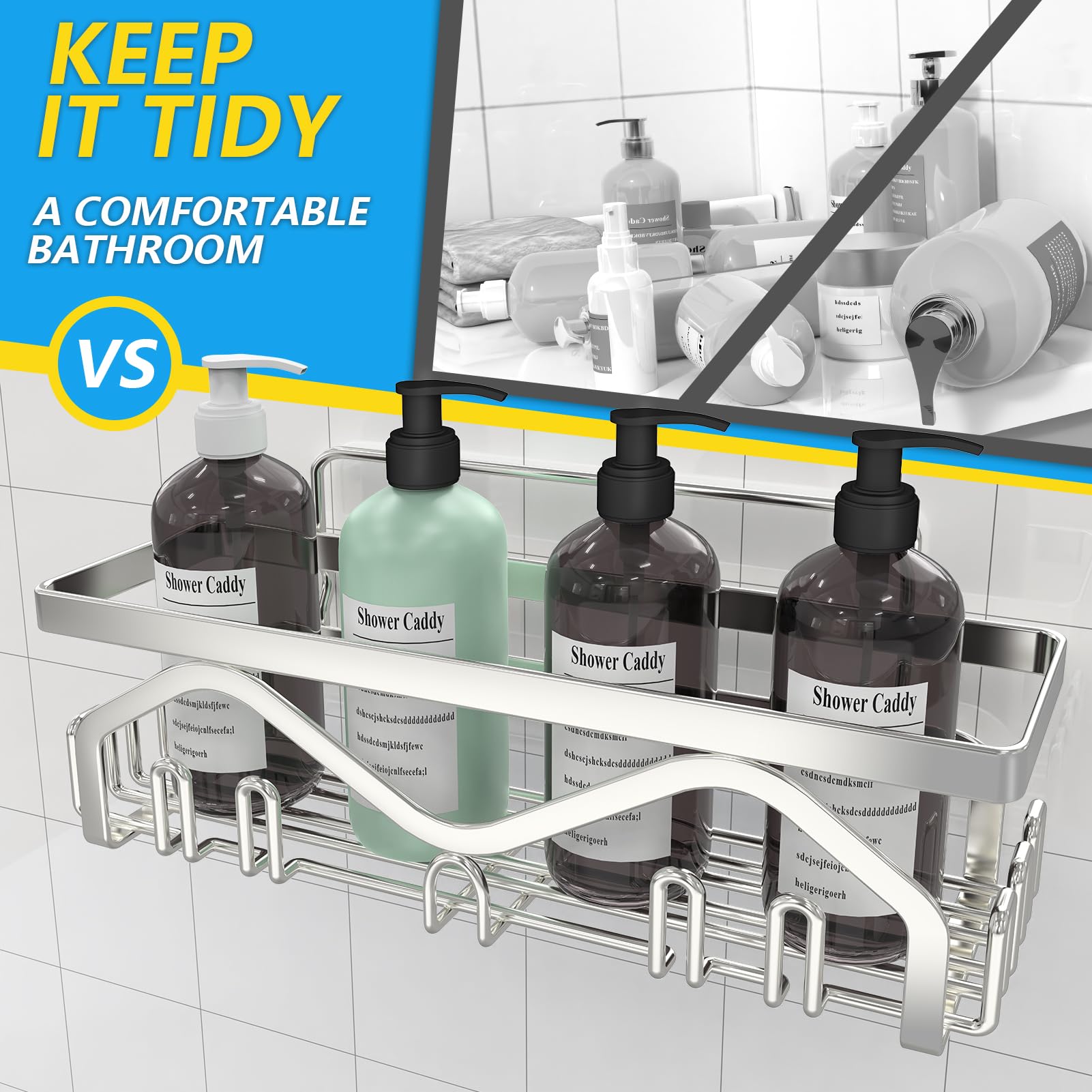 Coraje Shower Organizer [5-Pack] Shower Shelves for Inside Shower Adhesive Shower Caddy  No Drilling Rustproof Stainless Steel Extra Large Bathroom Shower shelf  Silver