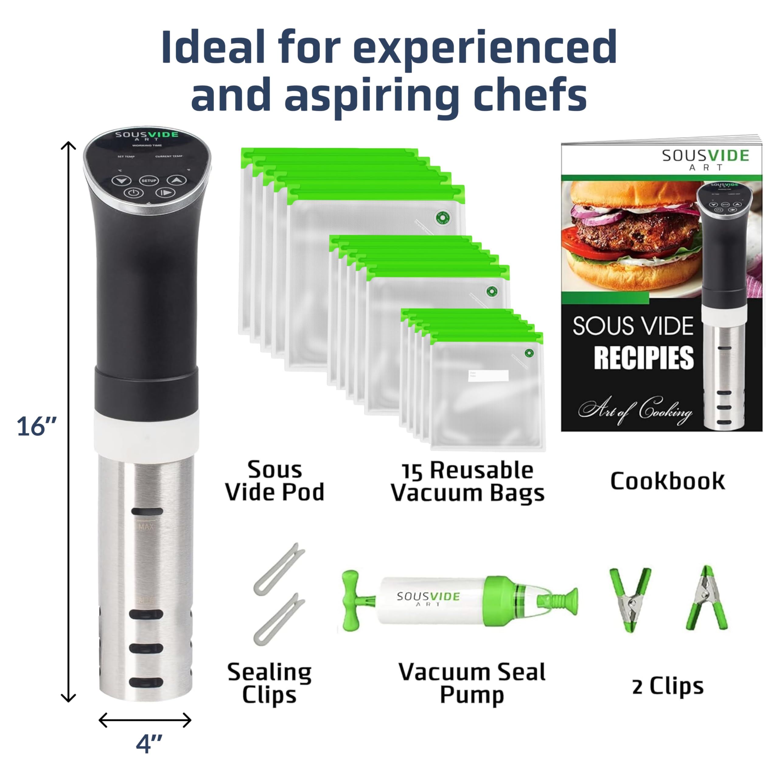 SOUSVIDE ART Cooker Kit (1000 Watts Sous Vide Cooker) - Sous Vide Machine Immersion Cookers Circulator  15 Vacuum Seal Bags  Vacuum Pump  Digital Timer Temperature Control  Gift for Chefs