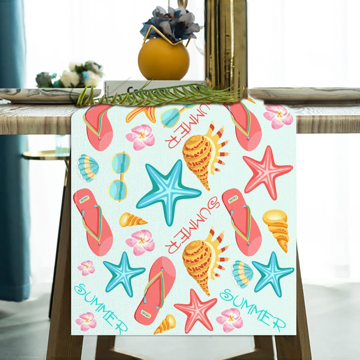 Jiudungs Linen Watercolor Beach Starfish Shell Seahorse Slipper Floral Table Runner 72 Inches Long Summer Coastal Nautical Hawai