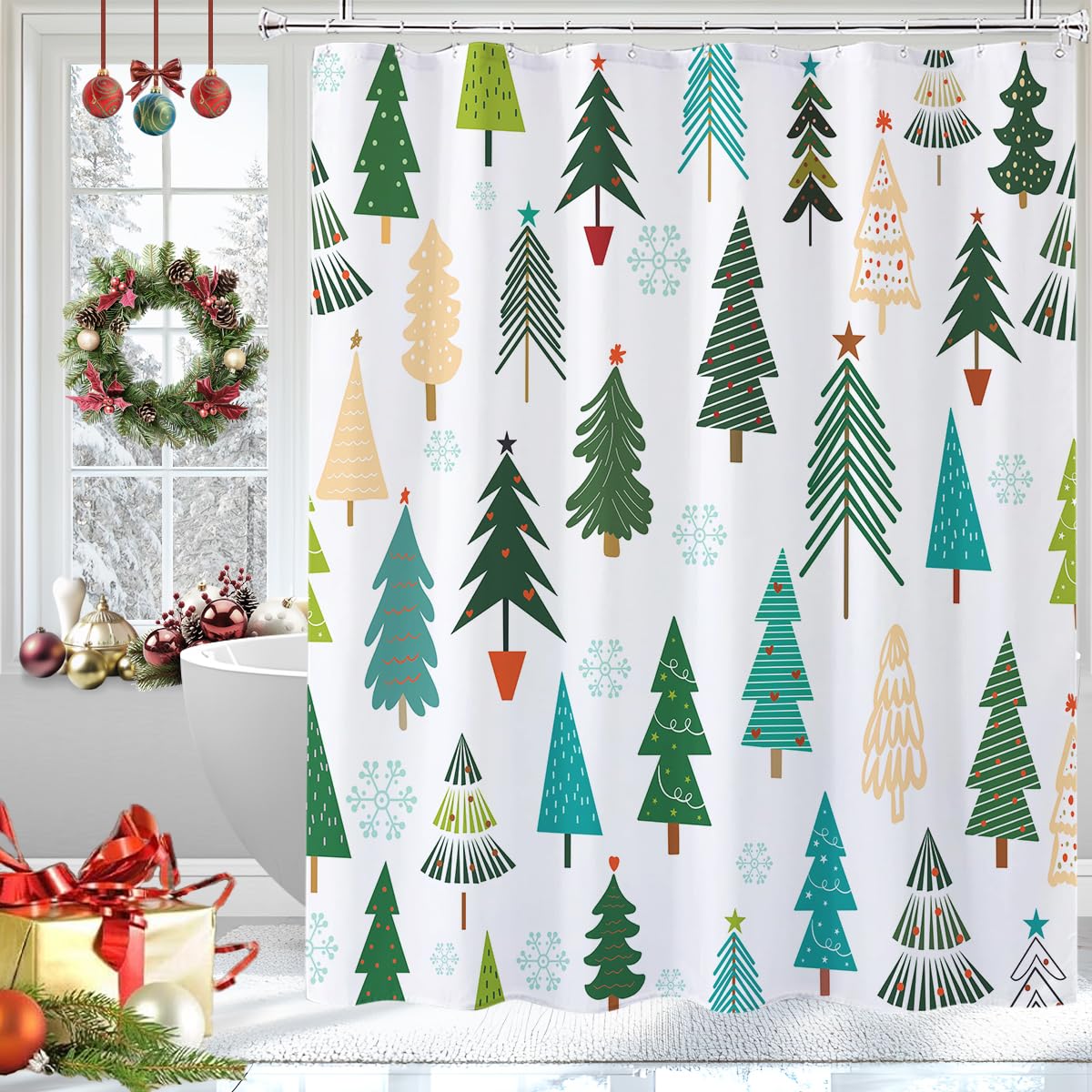 LYLYCTY Christmas Tree Shower Curtain for Bathroom, Winter Boho Fabric Shower Curtain Set with 12 Plastic Hooks 72x72 Inches