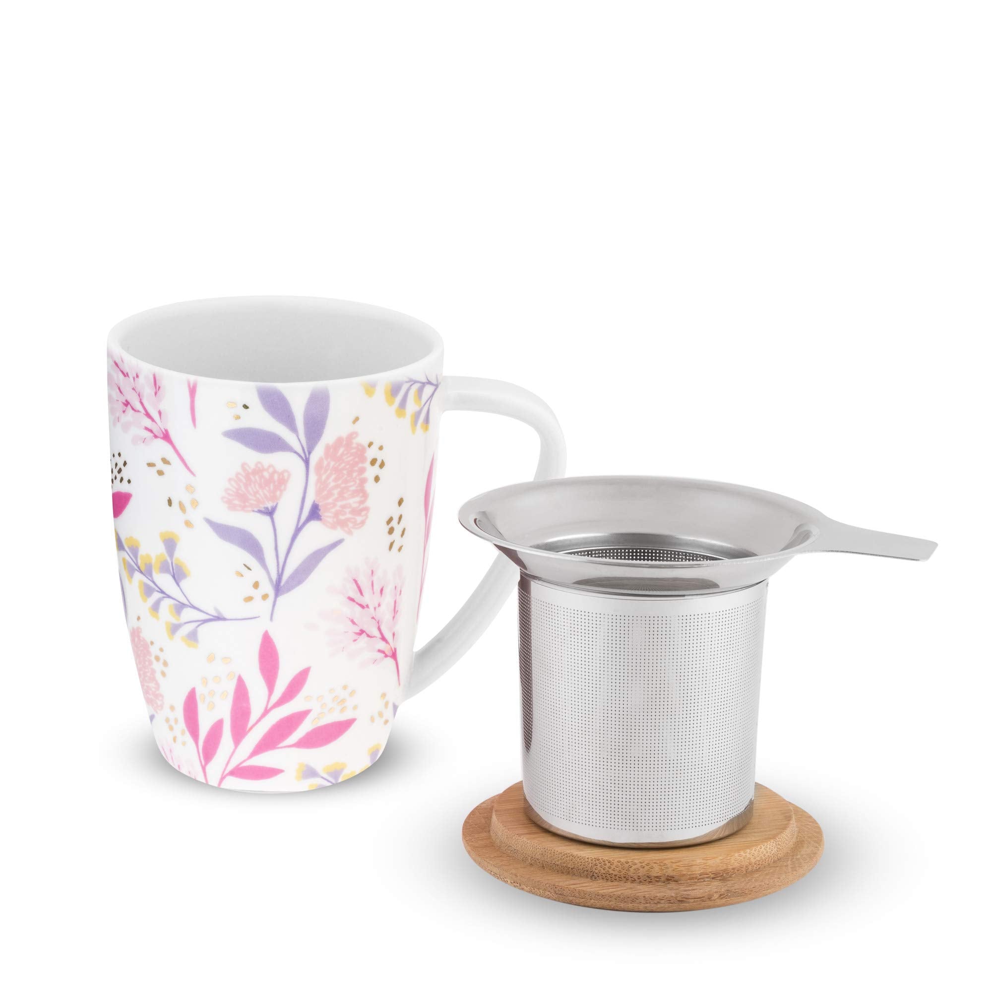 Pinky Up Bailey Ceramic Tea Mug And Loose Leaf Tea Infuser, Loose Leaf Tea Accessories, Tea Tumbler Cup, Botanical Design, 12Oz