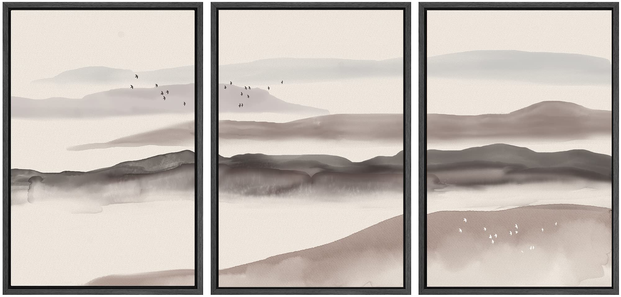 Signwin Framed Canvas Print Wall Art Set Dark Pastel Misty Mountain Range Nature Wilderness Illustrations Modern Art Decorative