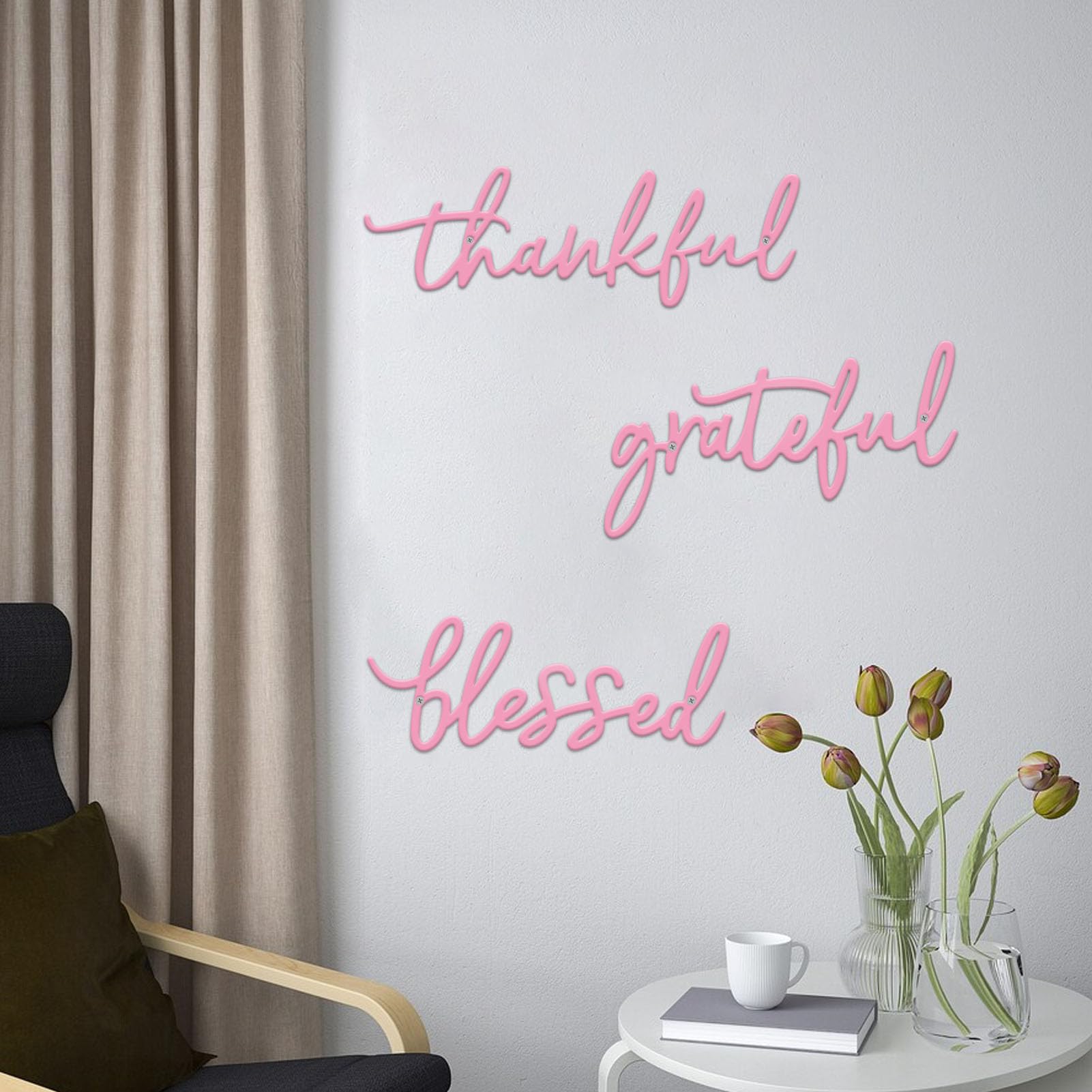 ESTART Thankful Grateful Blessed Letter Sign Metal Wall Decor, 3 Pieces Pink Letters Wall Art for Bathroom Bedroom Metal Words W