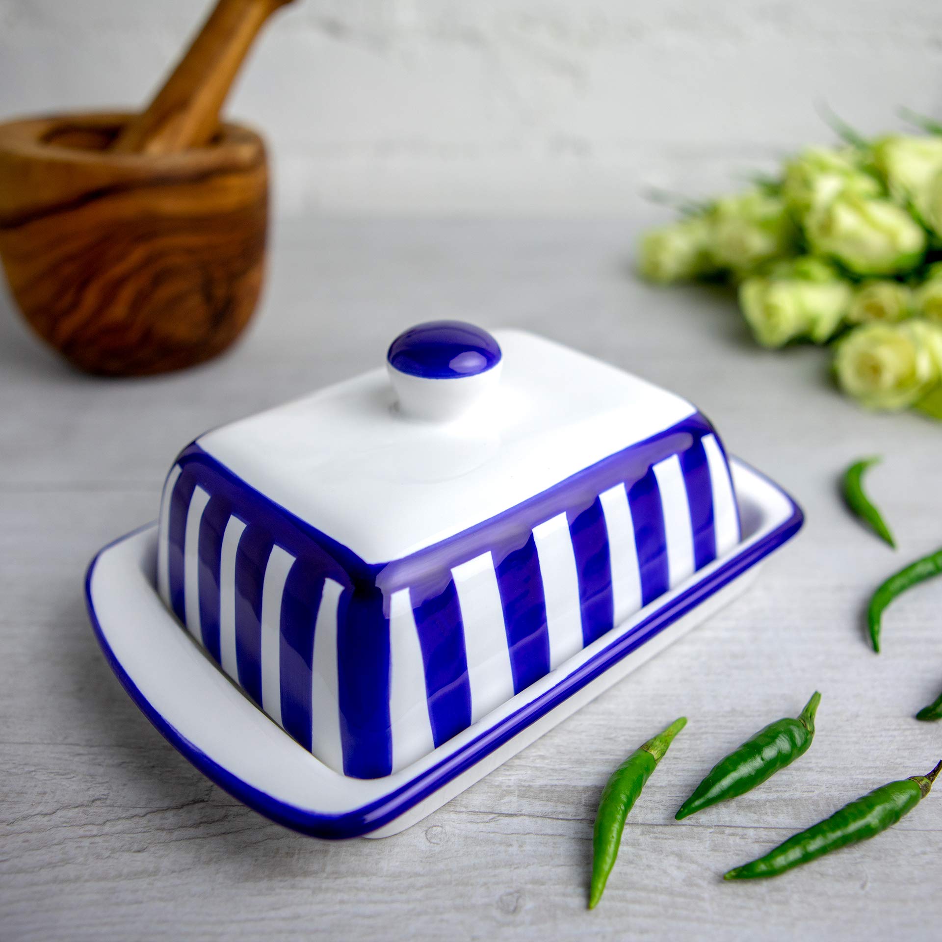 City to Cottage Large Ceramic Butter Dish with Lid, Navy Blue Stripe, Handcrafted Butter Keeper for Countertop