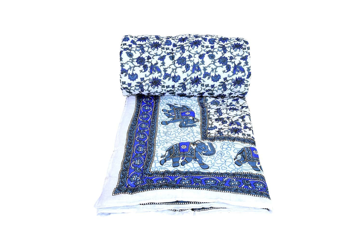 Svt Traditional Famous Jaipuri Beautiful Floral Print In White And Blue Jaipuri Rajai/Razai/Quilt Twin Size/Twin Size Bed Quilt/