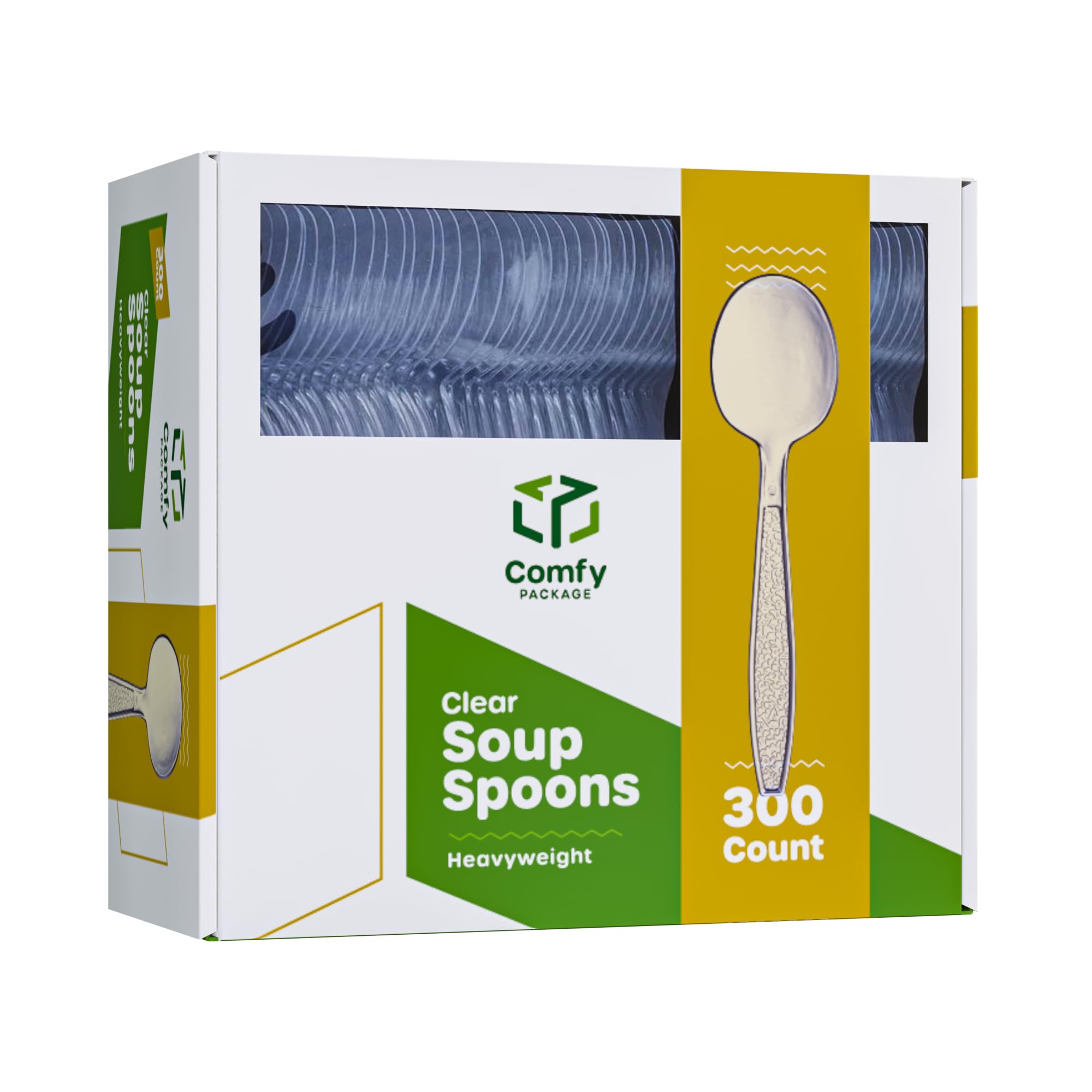 Comfy Package [300 Pack] Heavyweight Clear Plastic Soup Spoons With Engraved Design - Disposable Sturdy Plastic Utensils For Par