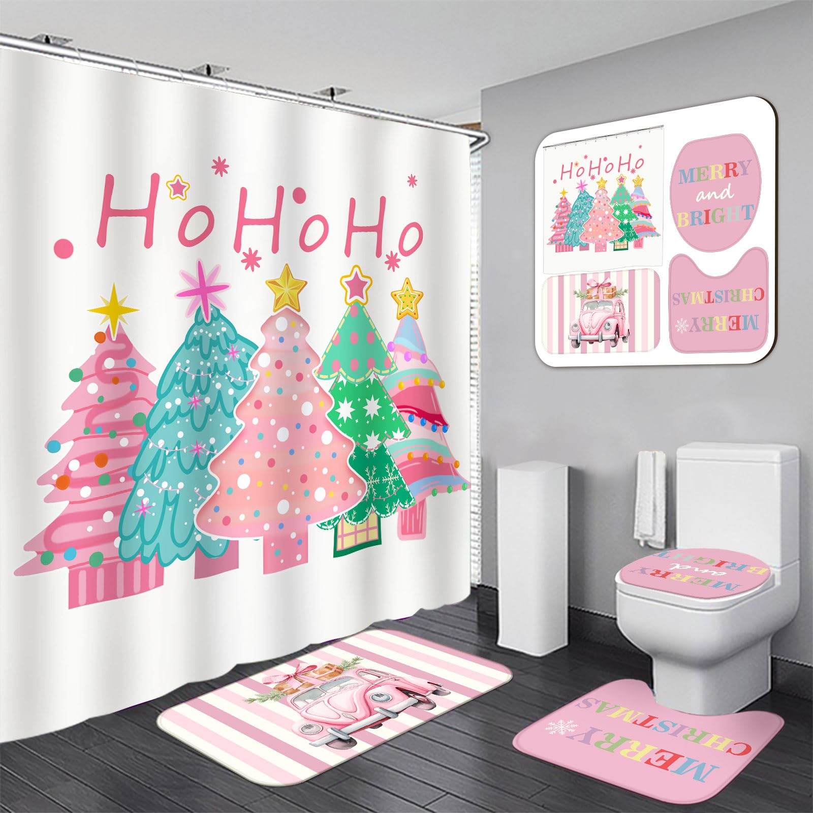 Drydiet 4 Pcs Christmas Shower Curtain Set Bathroom Non Slip Rugs Toilet Lid Cover Mat Shower Curtain For Xmas Home Decor(Pink C