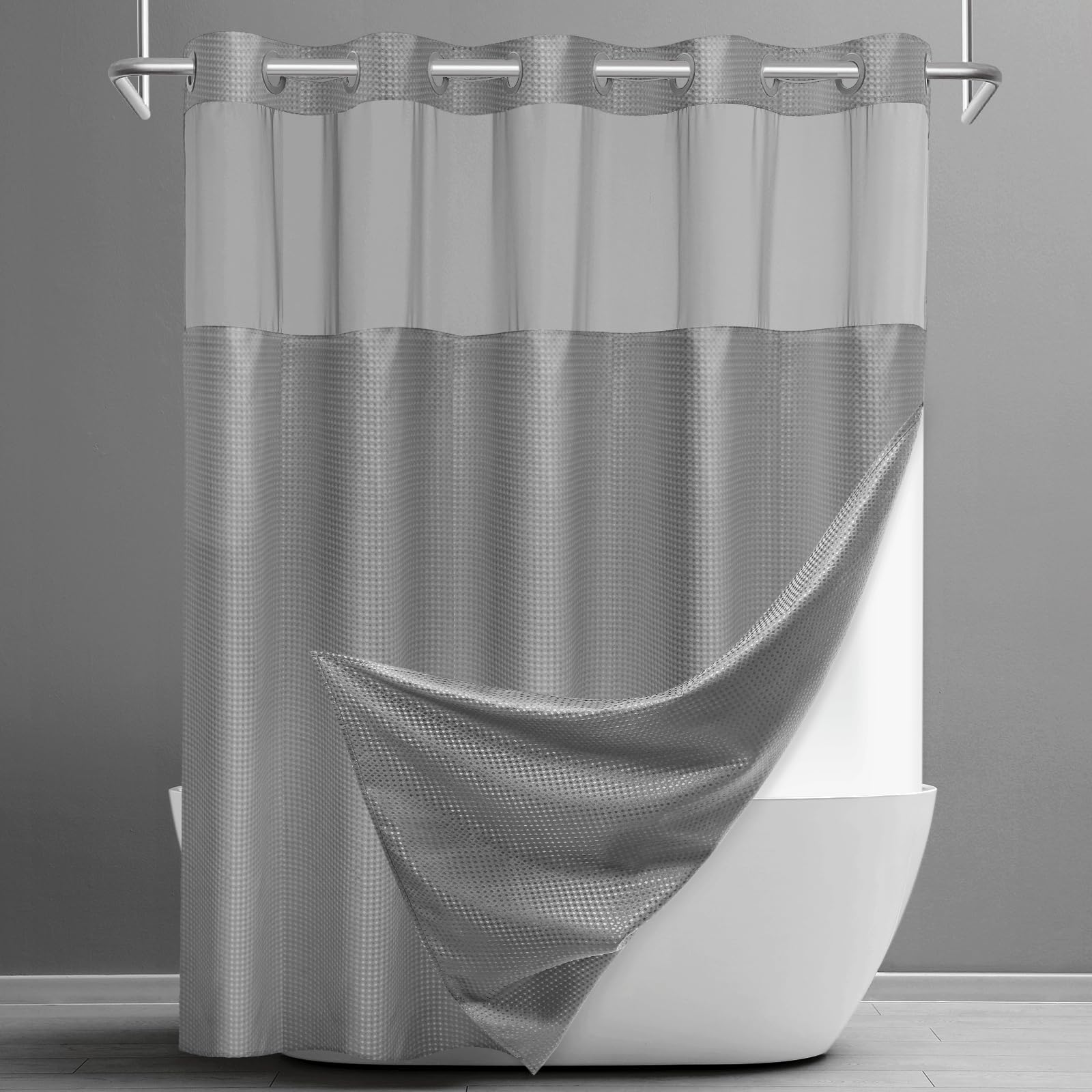 Sortto No Hook Shower Curtain With Snap In Liner Set Waffle Shower Curtain For Bathroom Hotel Style Fabric Waterproof Inner Line