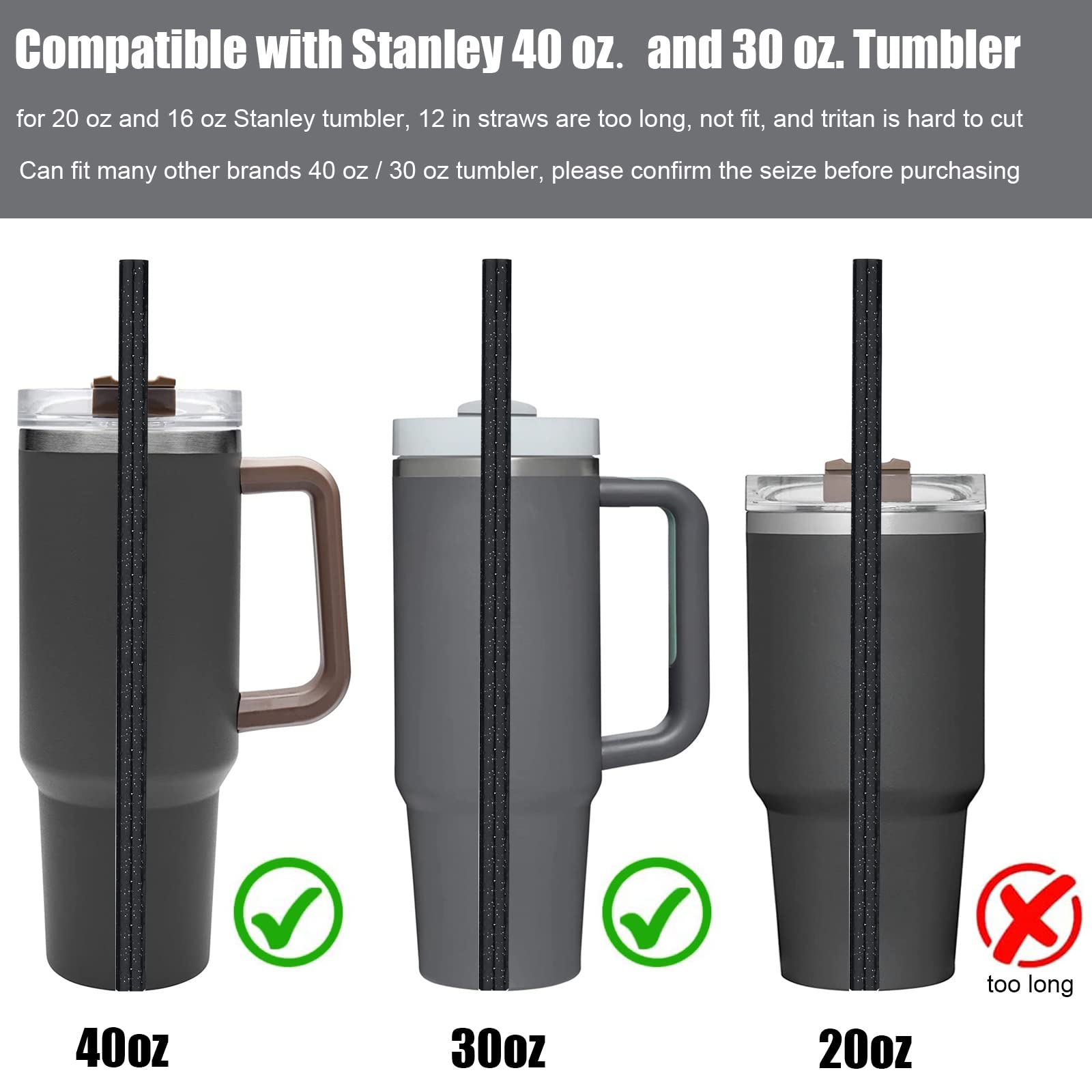 ALINK 10 Pack Black Replacement Straws for Stanley 40 oz 30 oz Tumbler  12 in Long Reusable Plastic Glitter Straws for Stanley Cup Accessories  Half Gallon Jug  Plus 2 Cleaning Brush
