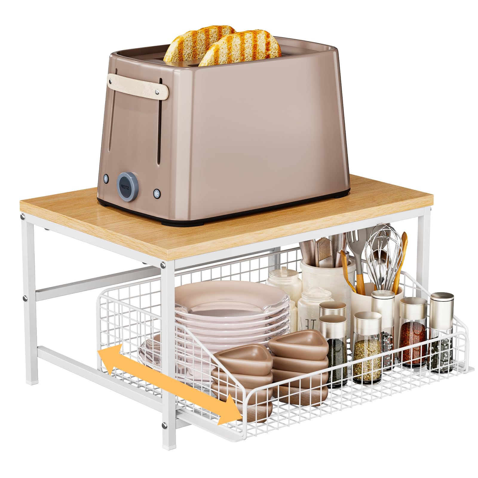 KLM Pull Out Spice Rack Organizer for Cabinet,Rustic Wood Top with Wire Basket Storage,Kitchen Countertop Organizer and Storage 