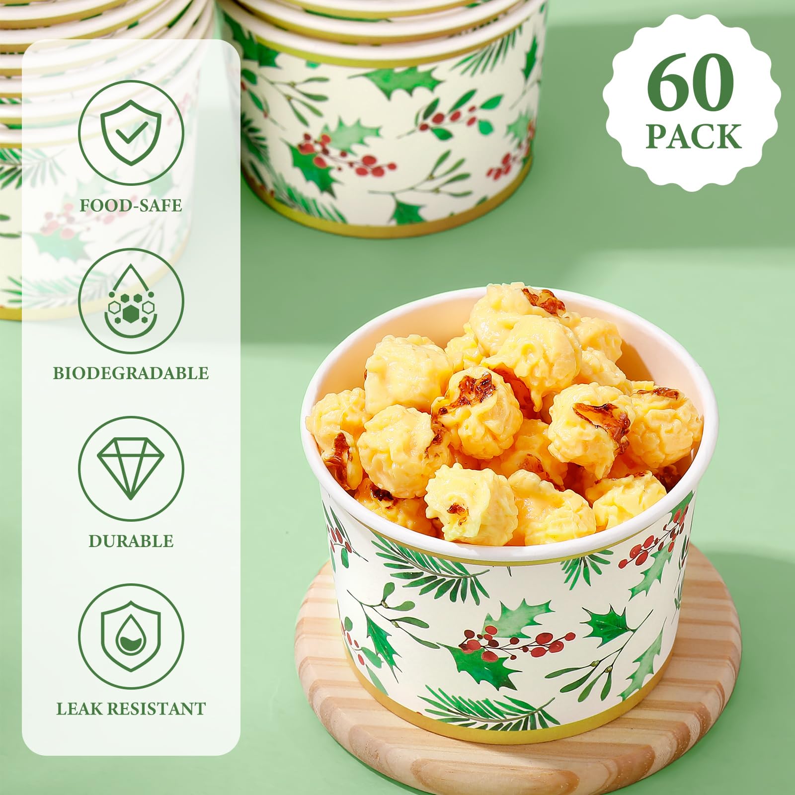 Sabary 60 Pcs 9 oz Christmas Paper Bowls Disposable Thanksgiving Snack Dessert Paper Cup Green Holly Leaf Cups Christmas Holiday