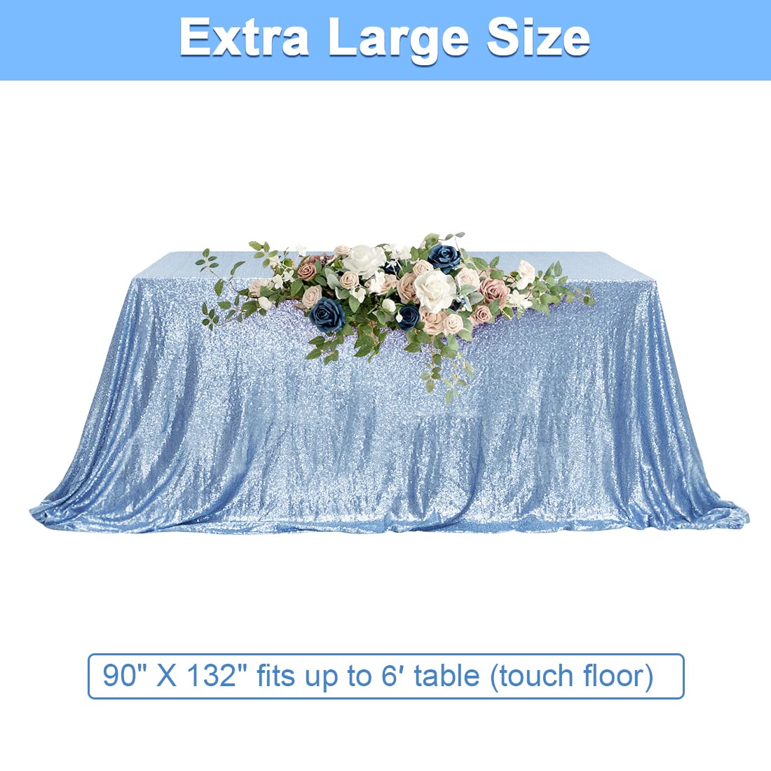 Partydelight Sequin Tablecloth, Wedding, Sweetheart, Christmas Tree, Rectangular, 90''X132'', Baby Blue