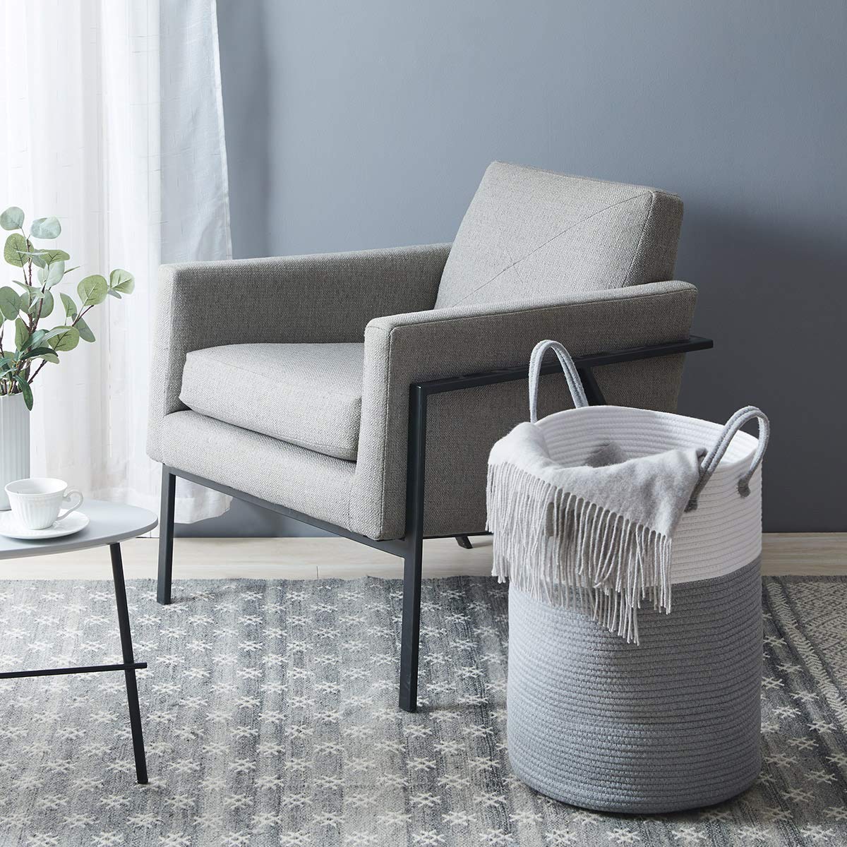 cotton Rope Laundry Hamper by YOUDENOVA  58L - Woven collapsible Laundry Basket - clothes Storage Basket for Blankets  Laundry Room Organizing  Bedroom Storage  clothes Hamper - grey & White