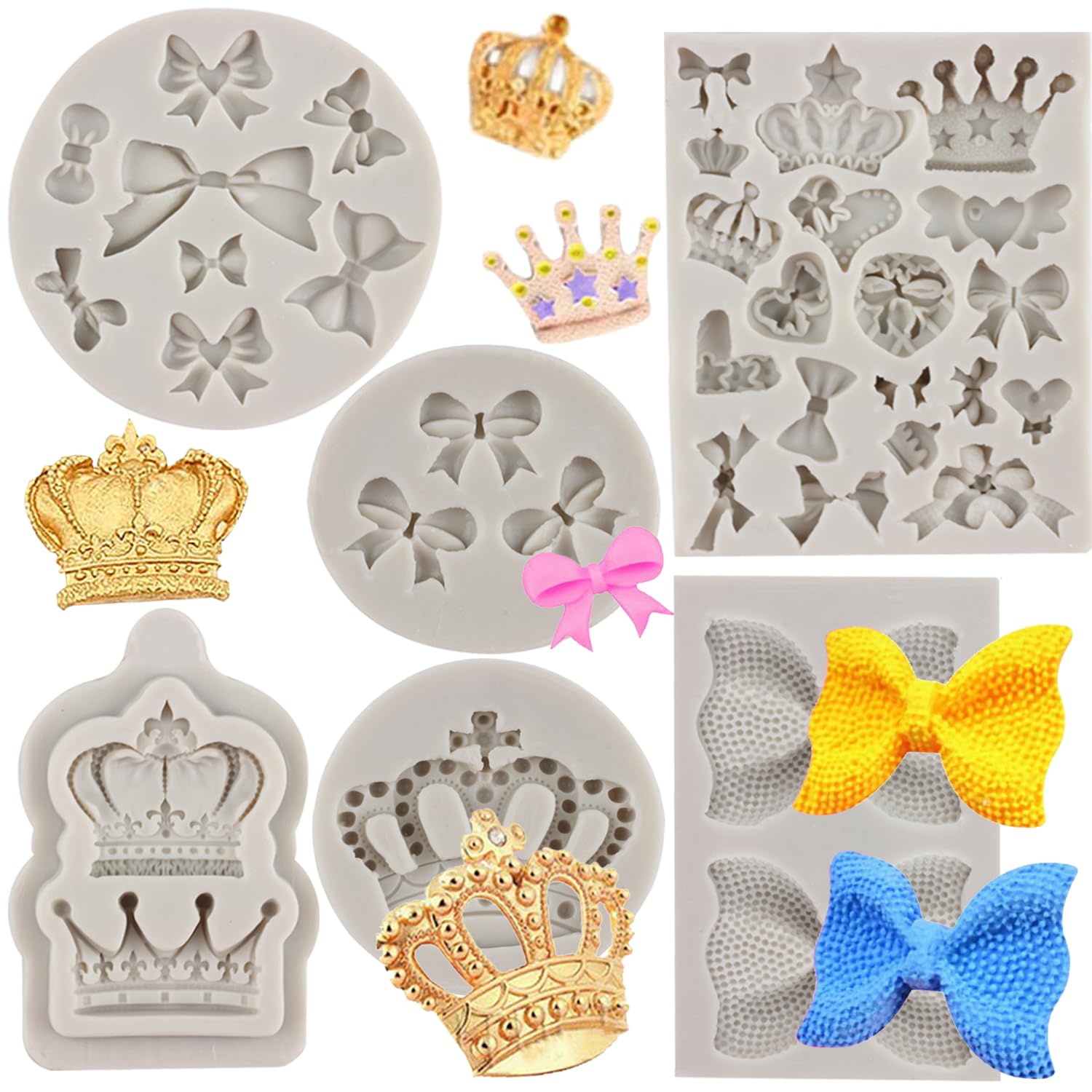 Sijiangmold Bow Silicone Molds Crown Fondant Chocolate Candy Mold For Cupcake Topper Cake Decorating Candy Craft Gum Paste Set O