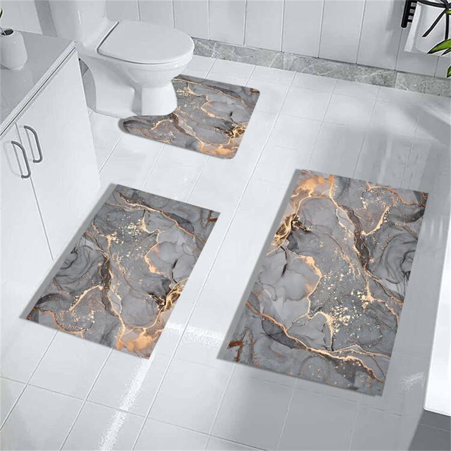 Grey Gold Marble Bathroom Mats Rugs Sets 3 Piece, Abstract Bath Mat Quick Dry Thin Rubber Back Diatomaceous Earth Rugs With U-Sh