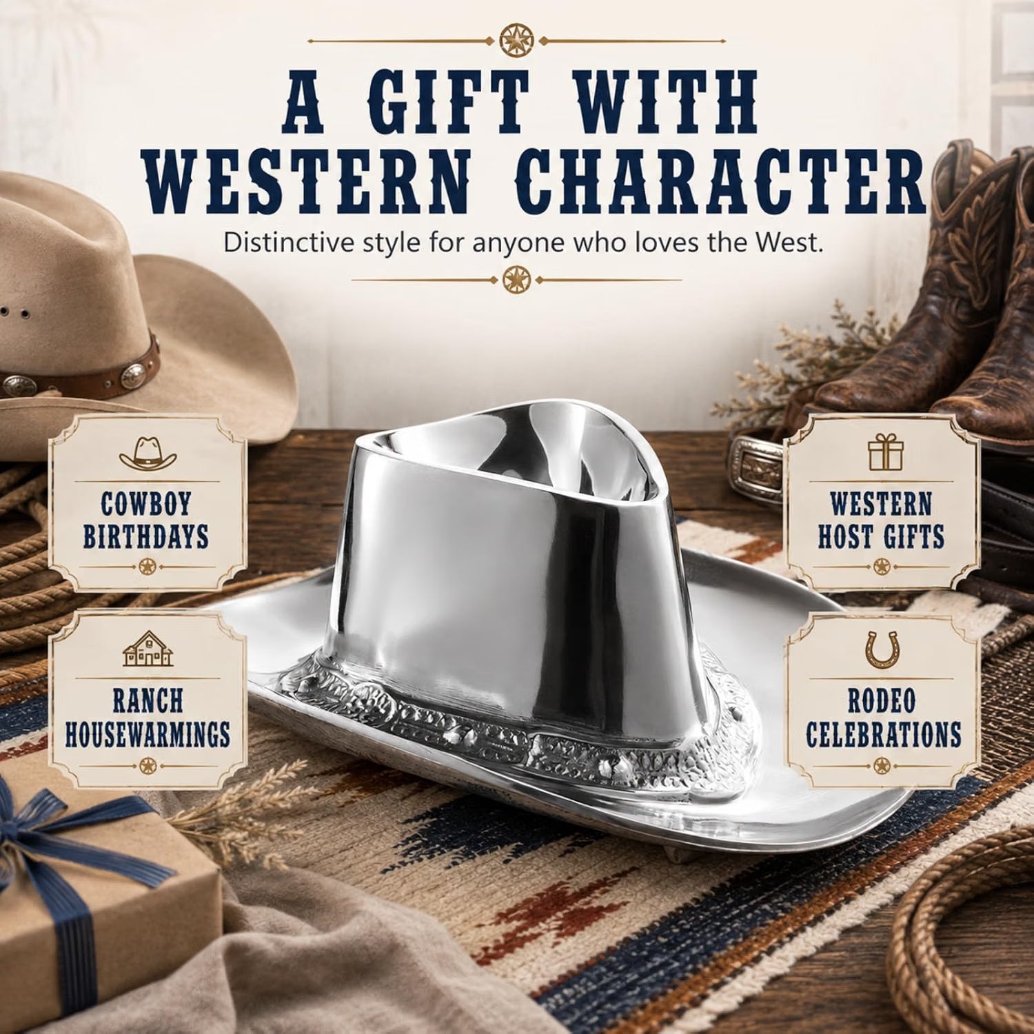 Cowboy Hat Chip and Dip Serving Bowl Silver Brass Snack
