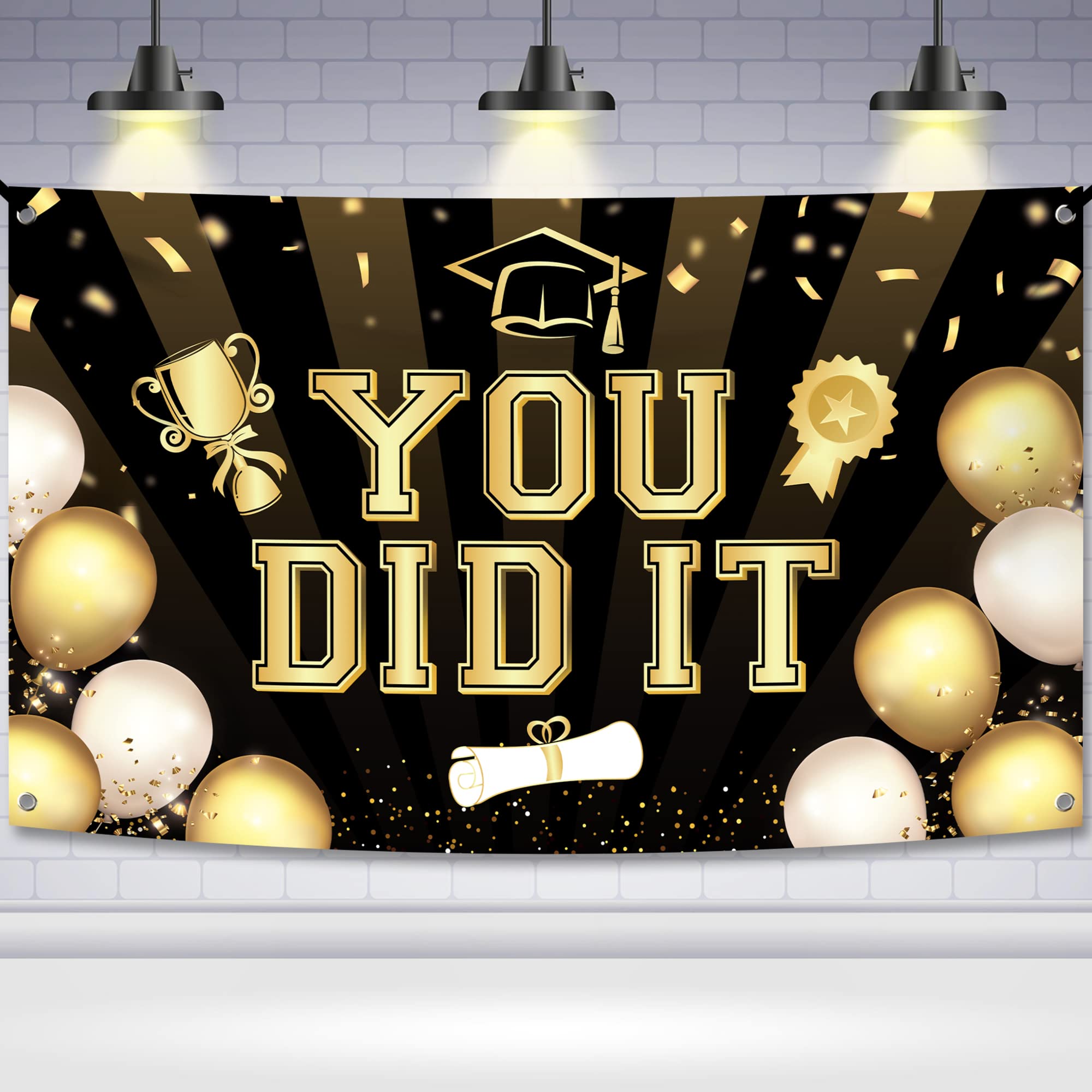 Katchon, Black You Did It Banner 2024 - Xtralarge, 72X44 Inch | 2024 Graduation Banner, Black And Gold Graduation Decorations Cl