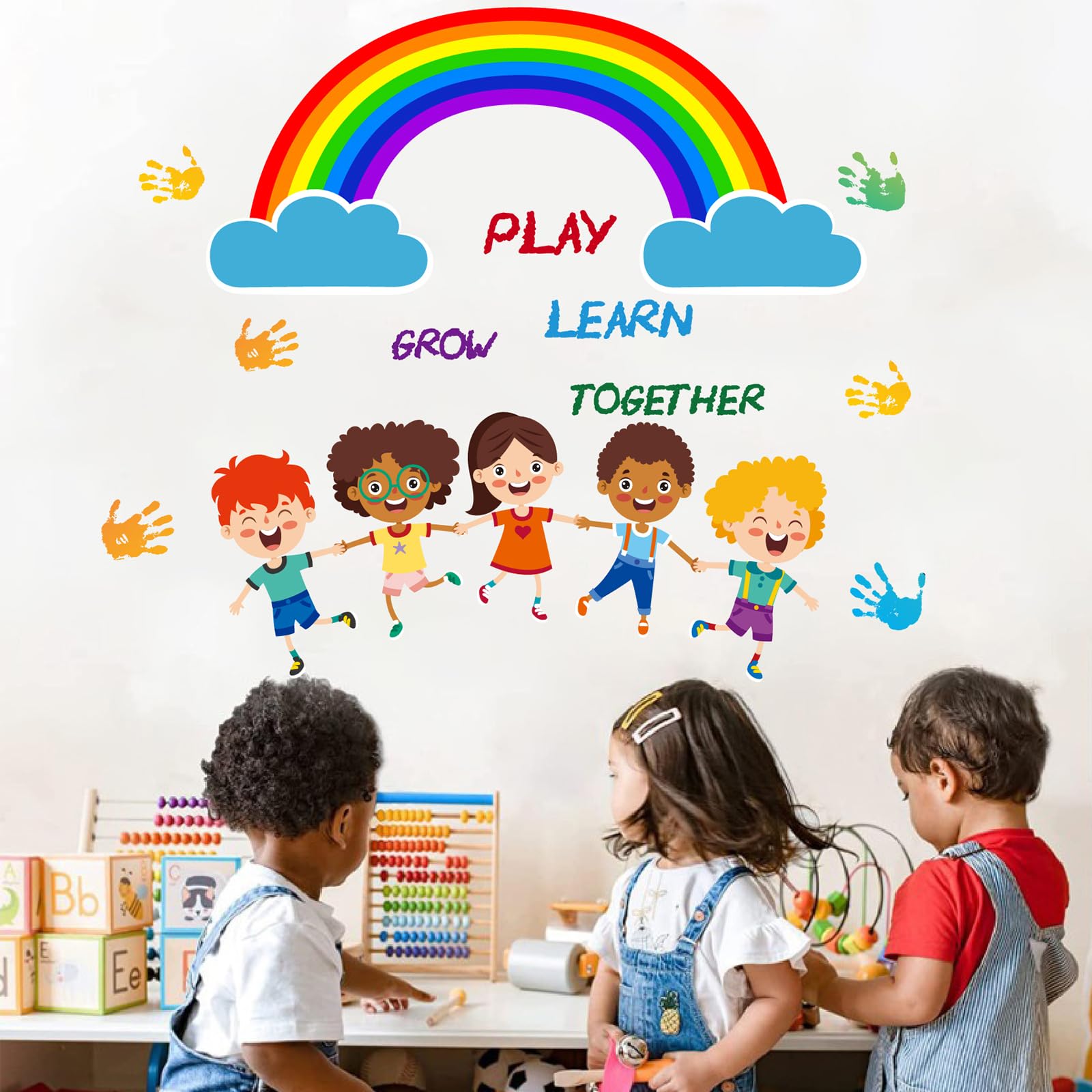 Colorful Rainbow Wall Decals Kids Handprint Wall Stickers Inspirational Wall Art Murals Peel And Stick For Classroom School Nurs
