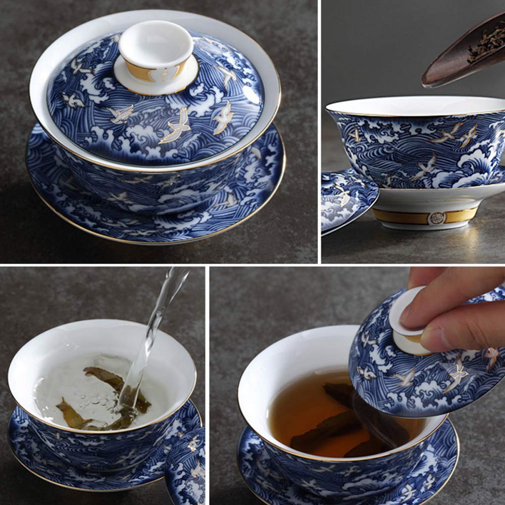 Woonsoon Jingdezhen Chinese Gaiwan Handmade 6Oz/170Ml China Blue And White Porcelain Gaiwan Kungfu Teacup Traditional Chinese Te