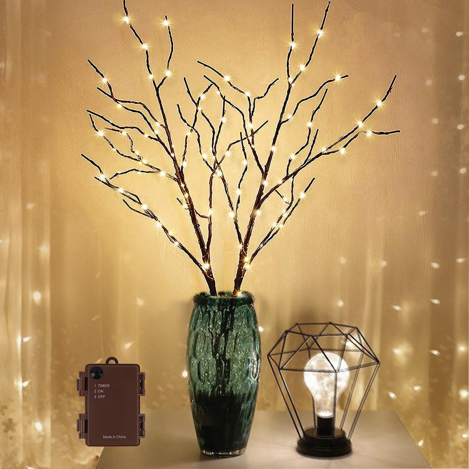 Lighted Christmas Tree Branches, 30IN 100LED Artificial Brown Twig Branch with Warm White Lights, Timer & Battery Operated, Wate
