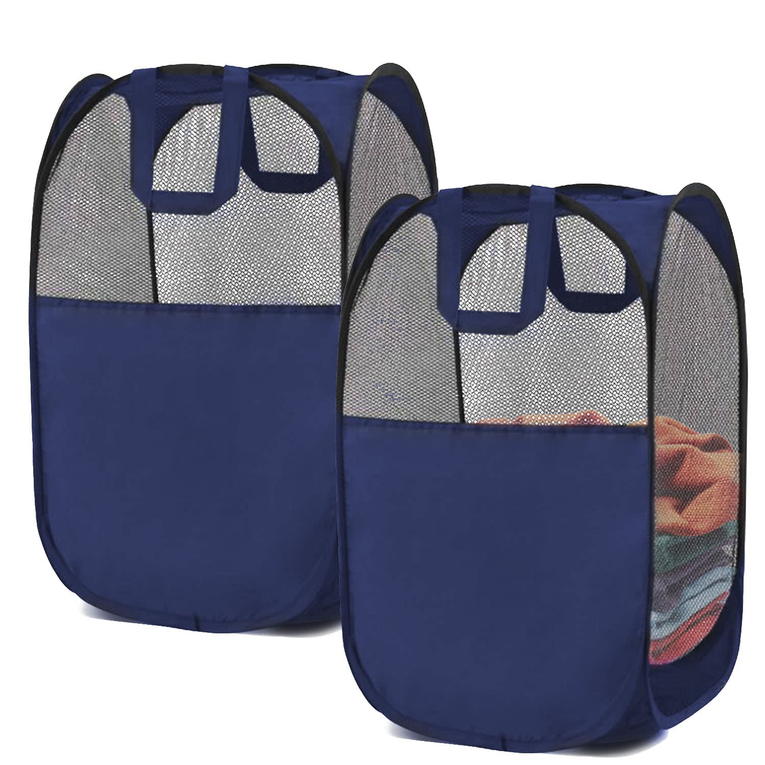 Benjunc 2 Laundry Baskets, Pop-Up Laundry Baskets, Foldable Mesh Laundry Baskets (Each With 2 Reinforced Handles), Blue