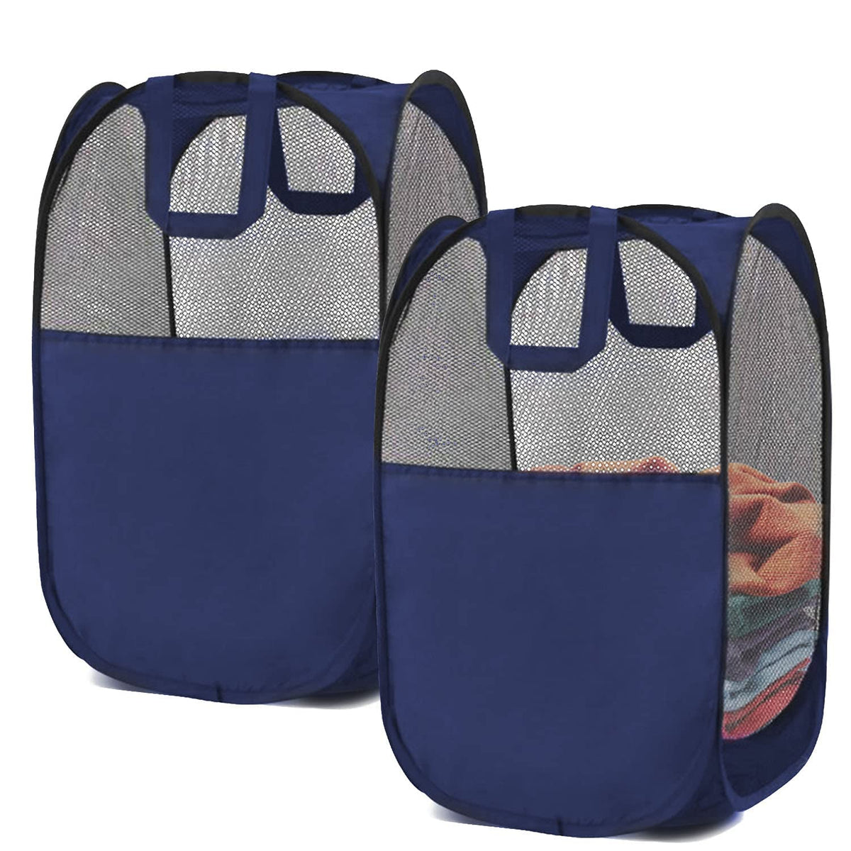 Benjunc 2 Laundry Baskets, Pop-Up Laundry Baskets, Foldable Mesh Laundry Baskets (Each With 2 Reinforced Handles), Blue