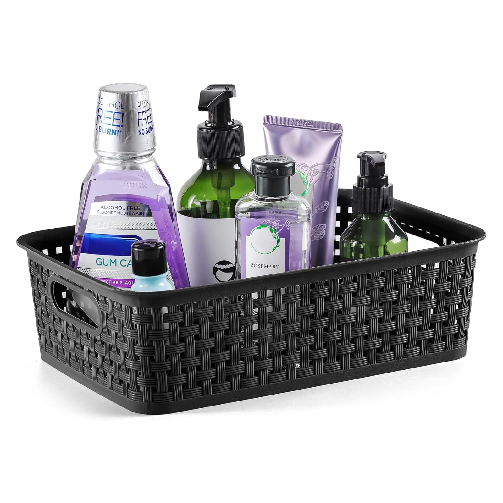 [ 12 Pack ] Plastic Storage Baskets - Small Pantry Organization and Storage Bins - Household Organizers for Laundry Room  Bathrooms  Kitchens  Cabinets  Countertop  Under Sink or On Shelves - Black