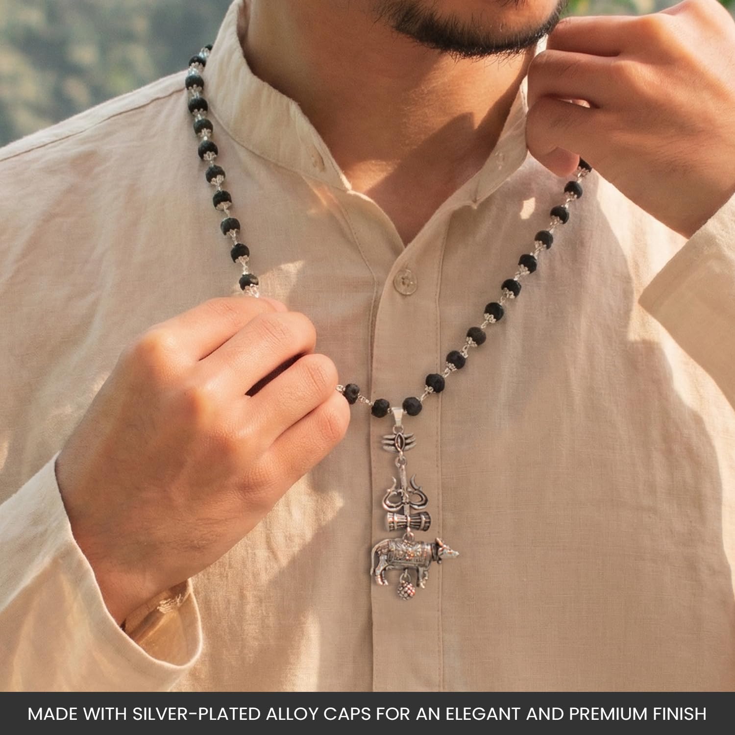 7Mm Silver Capped Karungali Mala With Shiv Third Eye Trishul Damru With Nandi Brass Pendant