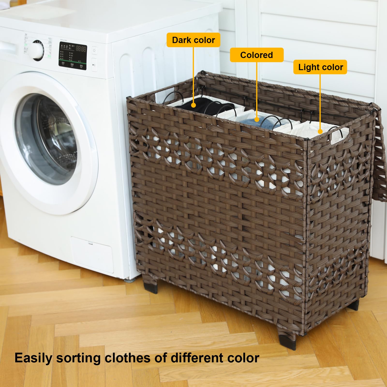 Oiahomy Laundry Hamper With Lid, 140L Clothes Hamper With 3 Removable Liner Bags, Foldable Hamper With Lid, Synthetic Wicker Lau