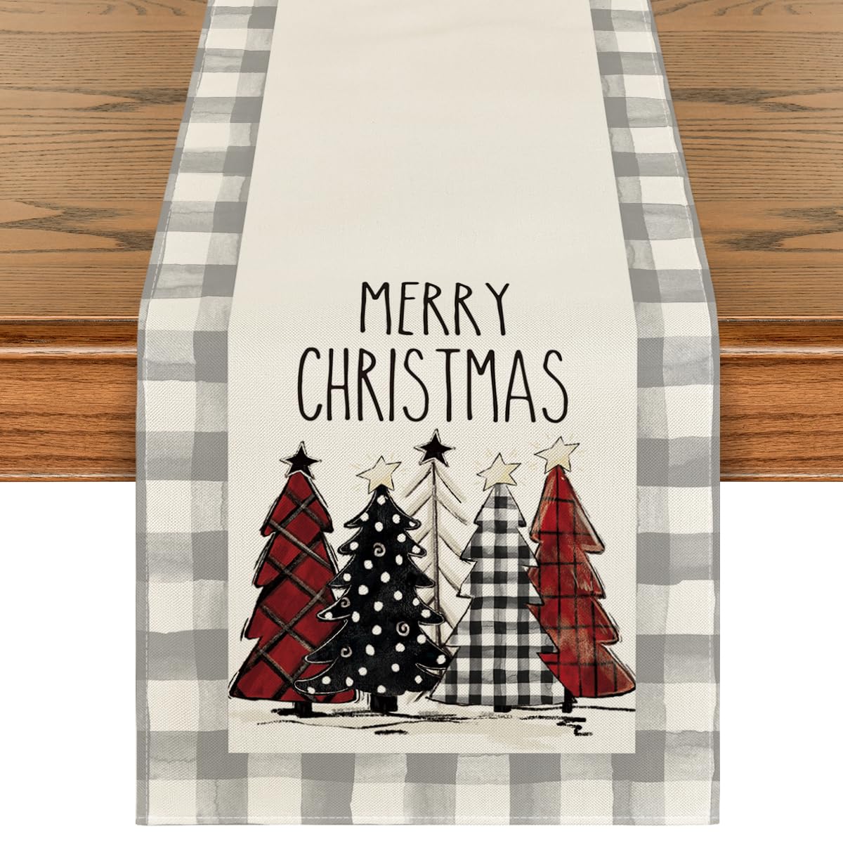 Artoid Mode Waterclor Grey Buffalo Plaid Christmas Trees Merry Xmas Table Runner, Seasonal Winter Holiday Kitchen Dining Table D