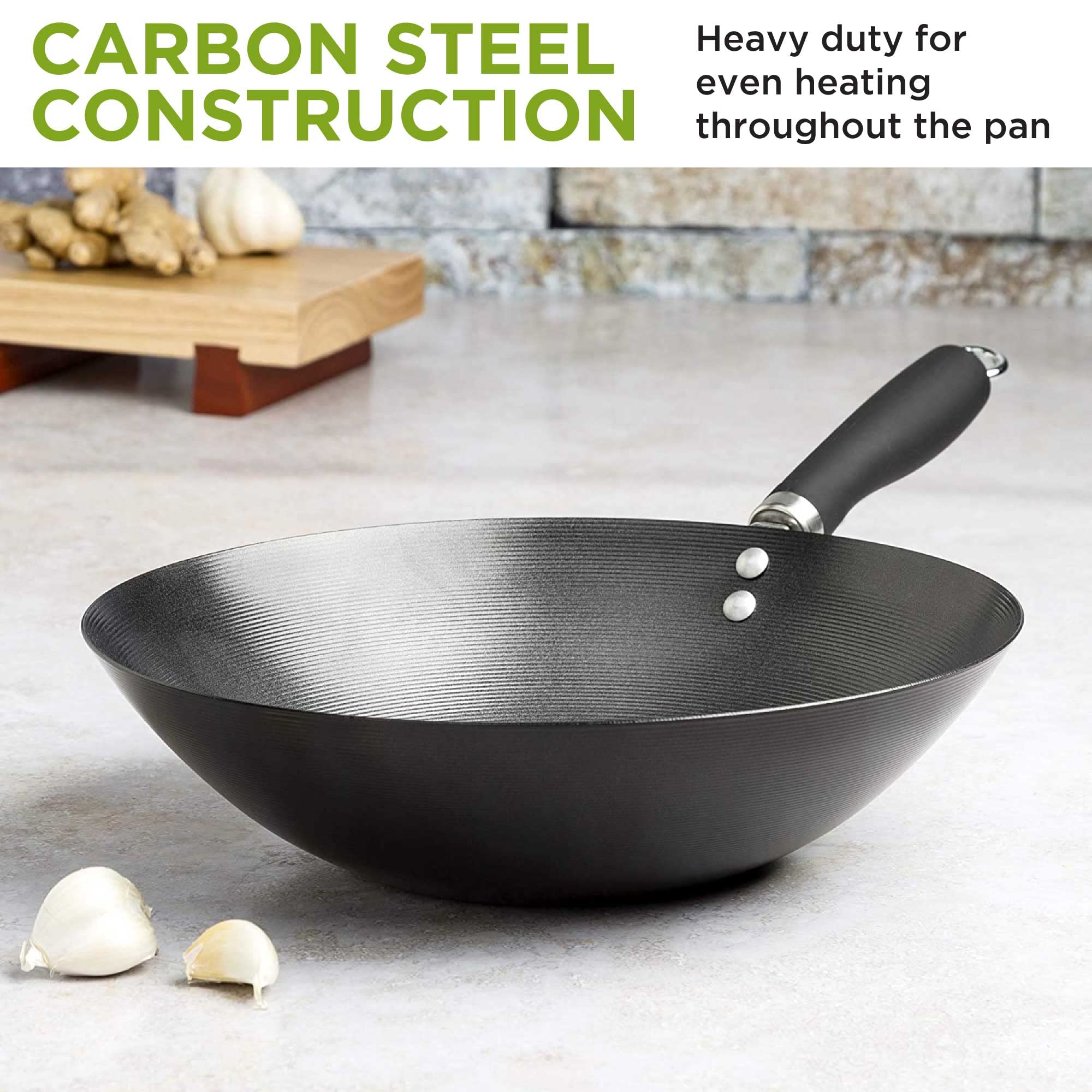 Ecolution Non-Stick Carbon Steel Wok With Soft Touch Riveted Handle, 12'',Black