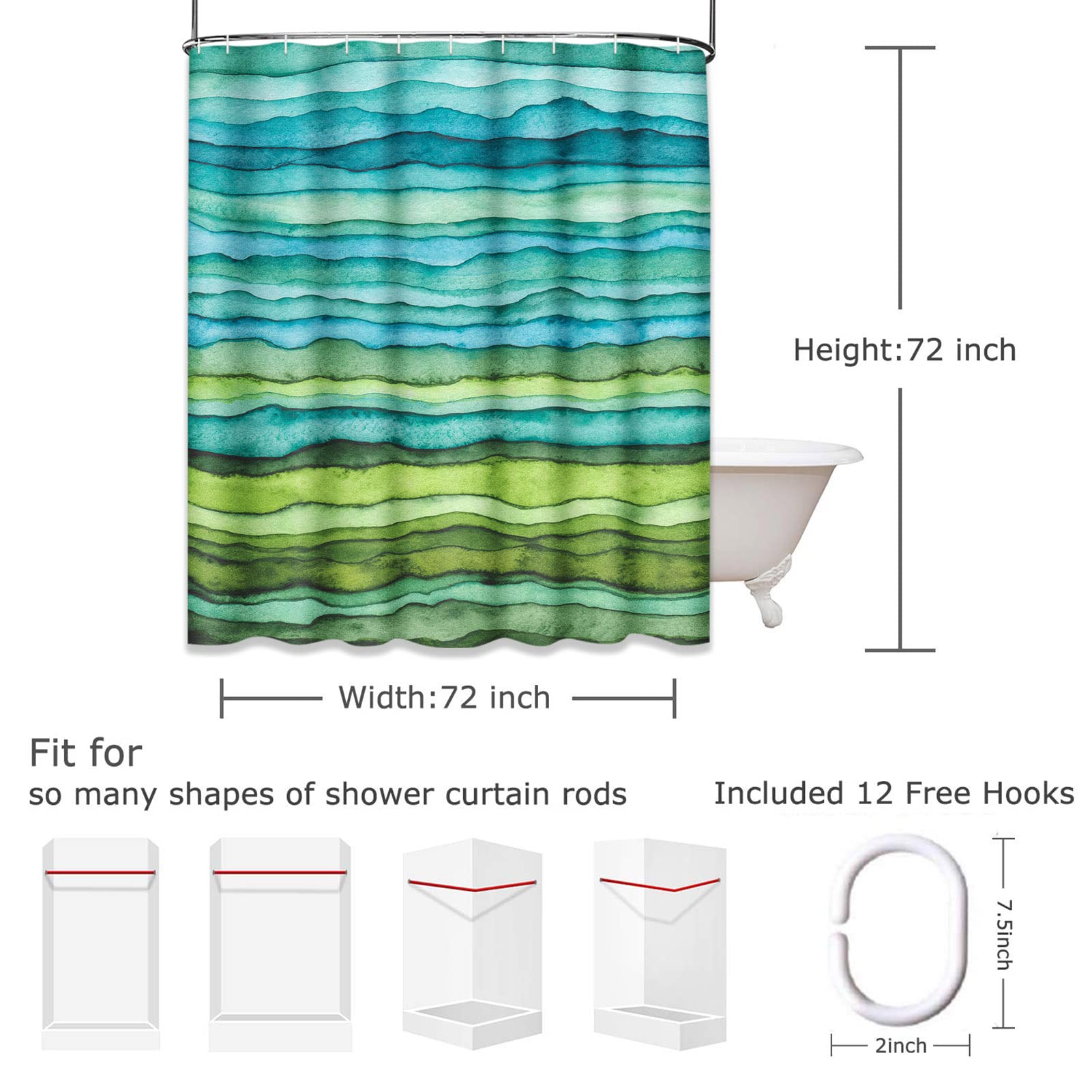 Emvency Shower Curtain Abstract Bright Blue And Green Waves Stripped Watercolor Brush Drawn Waterproof Polyester Fabric 72 X 72