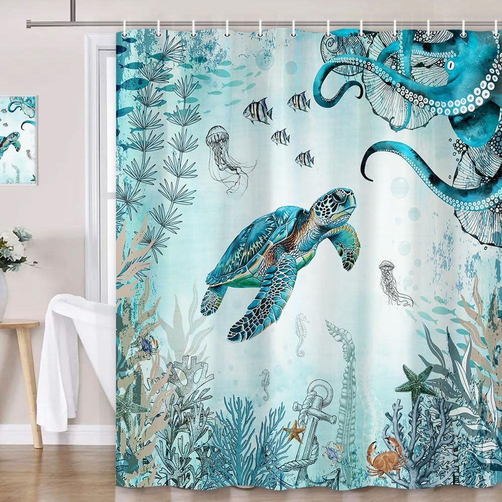 Wathon Sea Turtle Octopus Shower Curtain Blue Teal Ocean Bath Curtain Fish Underwater Animal Seashell Jellyfish Coastal Theme Ba