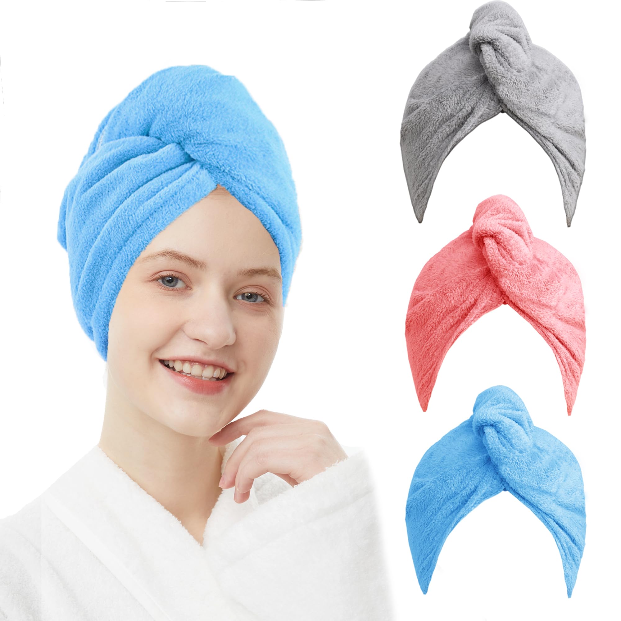 ELLEWIN Microfiber Hair Towel Wrap for Women 3 Pack,Hair Drying Turban with Button,Anti Frizz,Super Absorbent Quick Dry Hair Tow