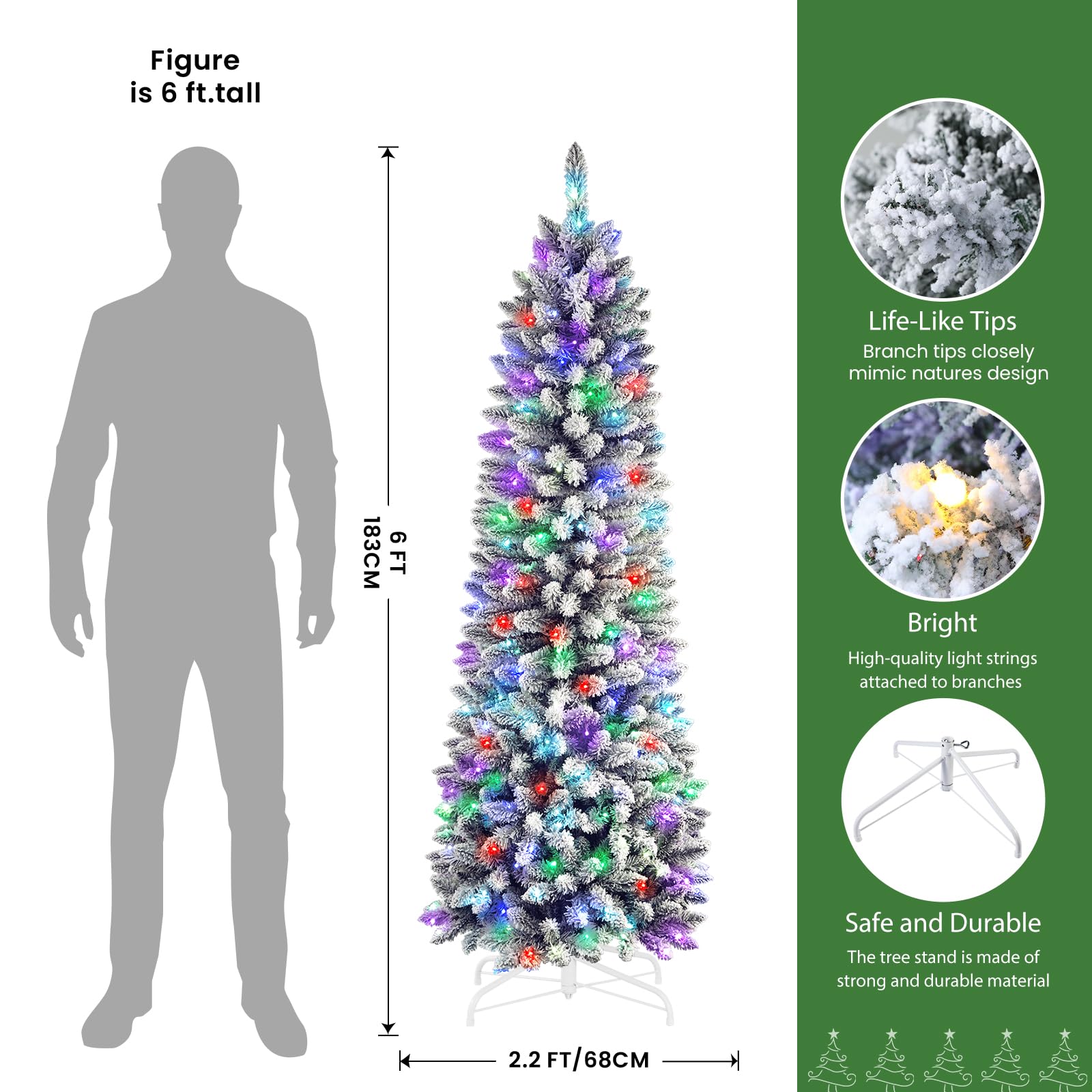SHareconn 7.5ft Prelit Snow Flocked Artificial Hinged Slim Pencil Christmas Tree, with Remote Controlled Multi-Color RGB Lights,