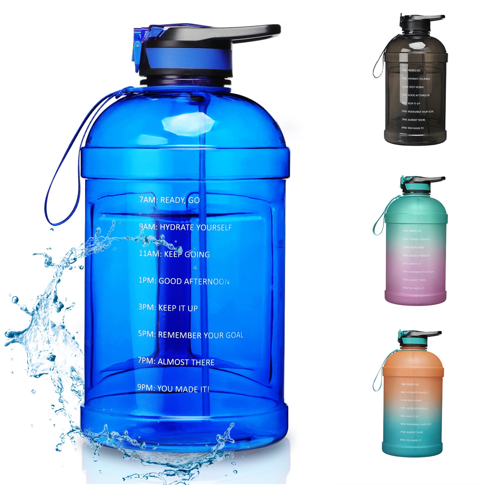 KEVENZ Water Bottle with Time Marker, 1 Gallon Water Bottle with Straw, Leakproof Water Jug, BPA Free, Blue