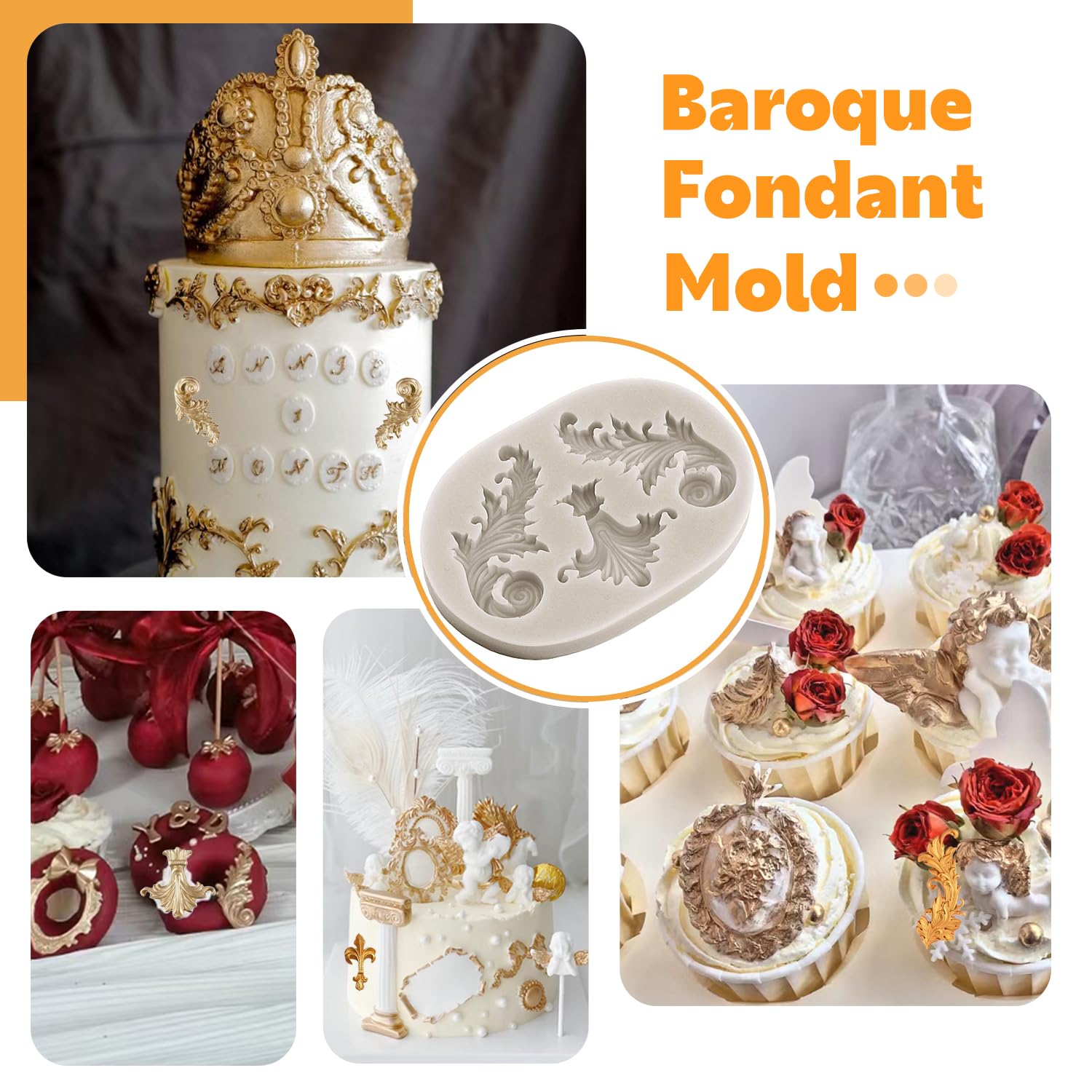 Sijiangmold Feather Silicone Molds Baroque Fondant Mold Curlicues Scroll Lace Molds Relief Flower Mold Filigree Mold For 3D Scul