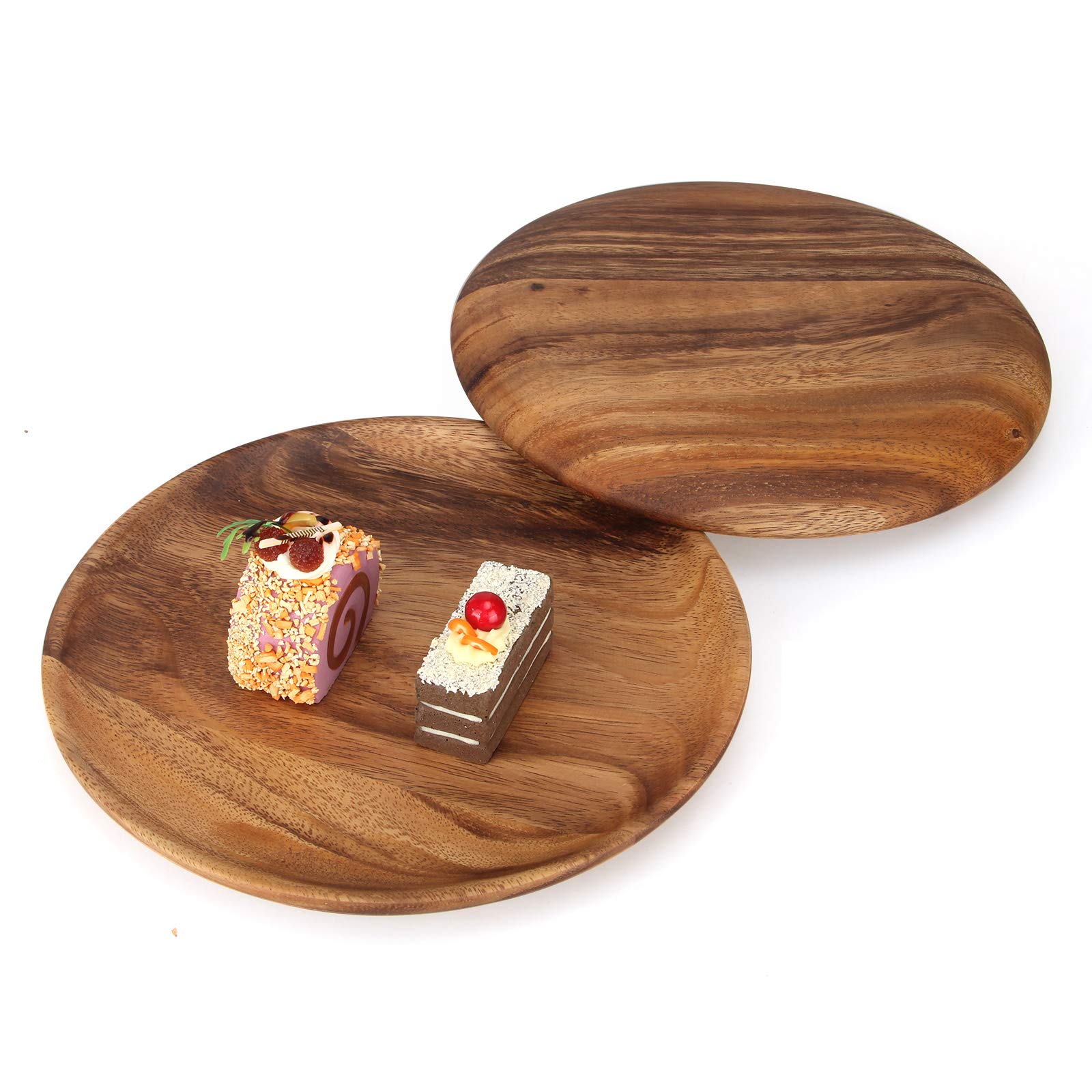 2 Pcs 10 Inch Acacia Wood Dinner Plates For Eating Wooden Round Charcuterie Boards Serving Platters For Food Dishes Cheese Tray