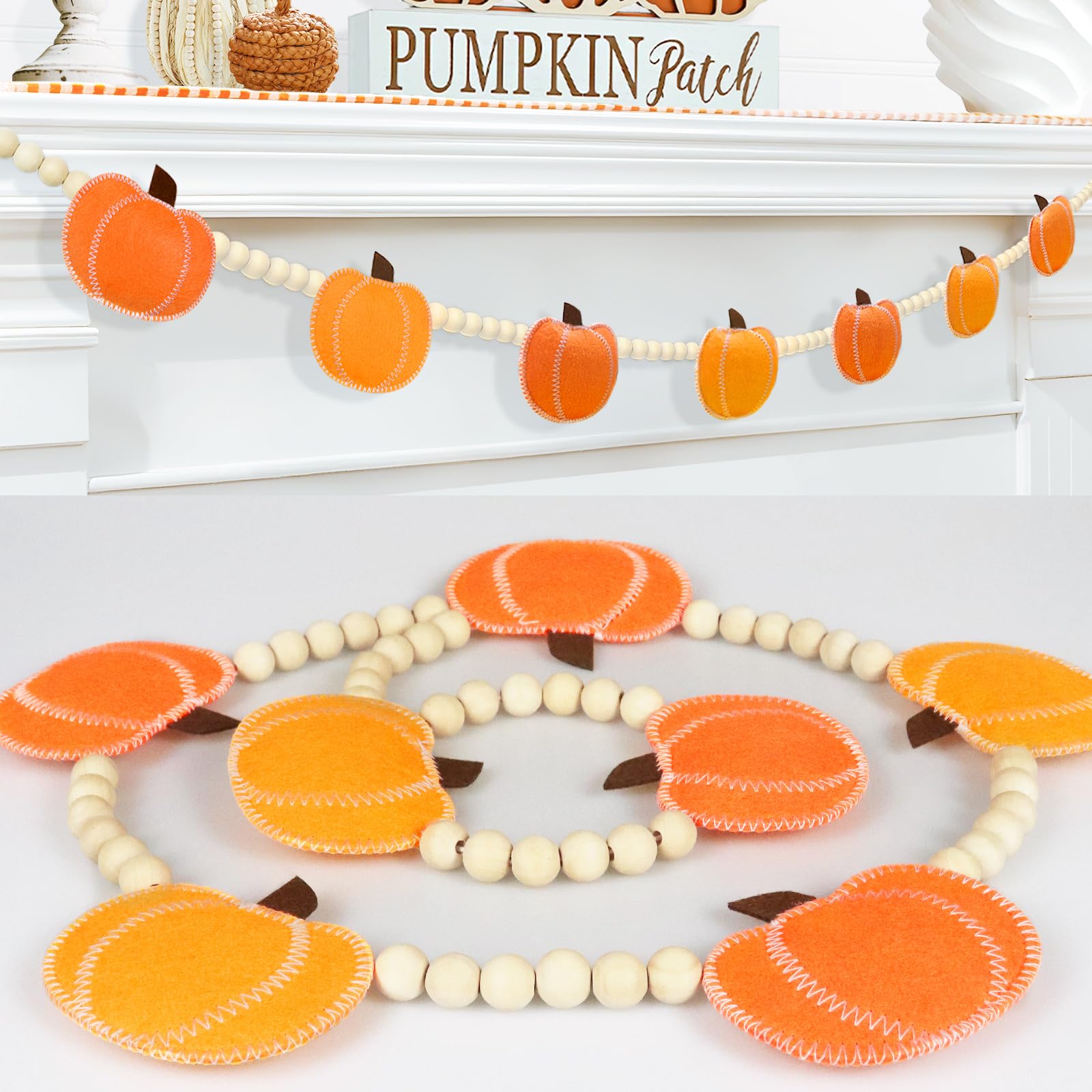 Thanksgiving Decorations Pumpkin Garland, Adjustable Wood Bead Felt Pumpkins Hanging Garland, Fall Banner for Home Mantel Firepl
