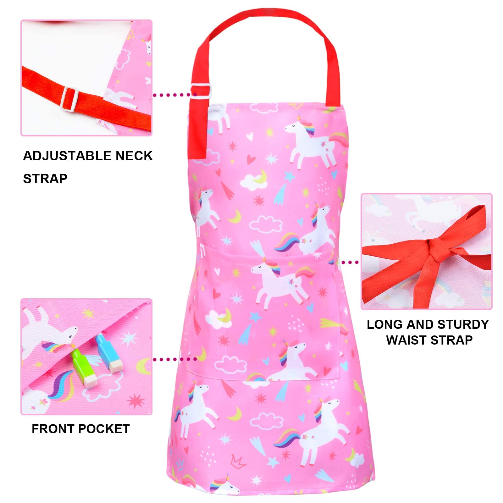 Sylfairy Aprons For Kids Girls Rainbow Unicorn Apron Children Kitchen Chef Aprons Smock (Pink+Rose Red, Medium,6-12Years)