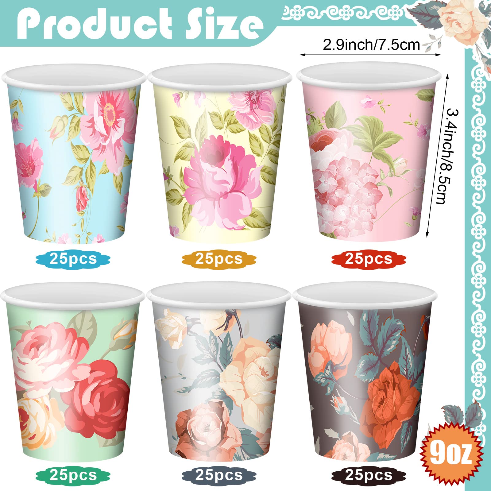 Patelai 150 Pcs Spring Floral Coffee Paper Cups Disposable Tea Cups Bulk Vintage Floral Teacups 6 Floral Design Tea Party Paper Cups for Easter Birthday Bridal Wedding Baby Shower(Floral  9 oz)