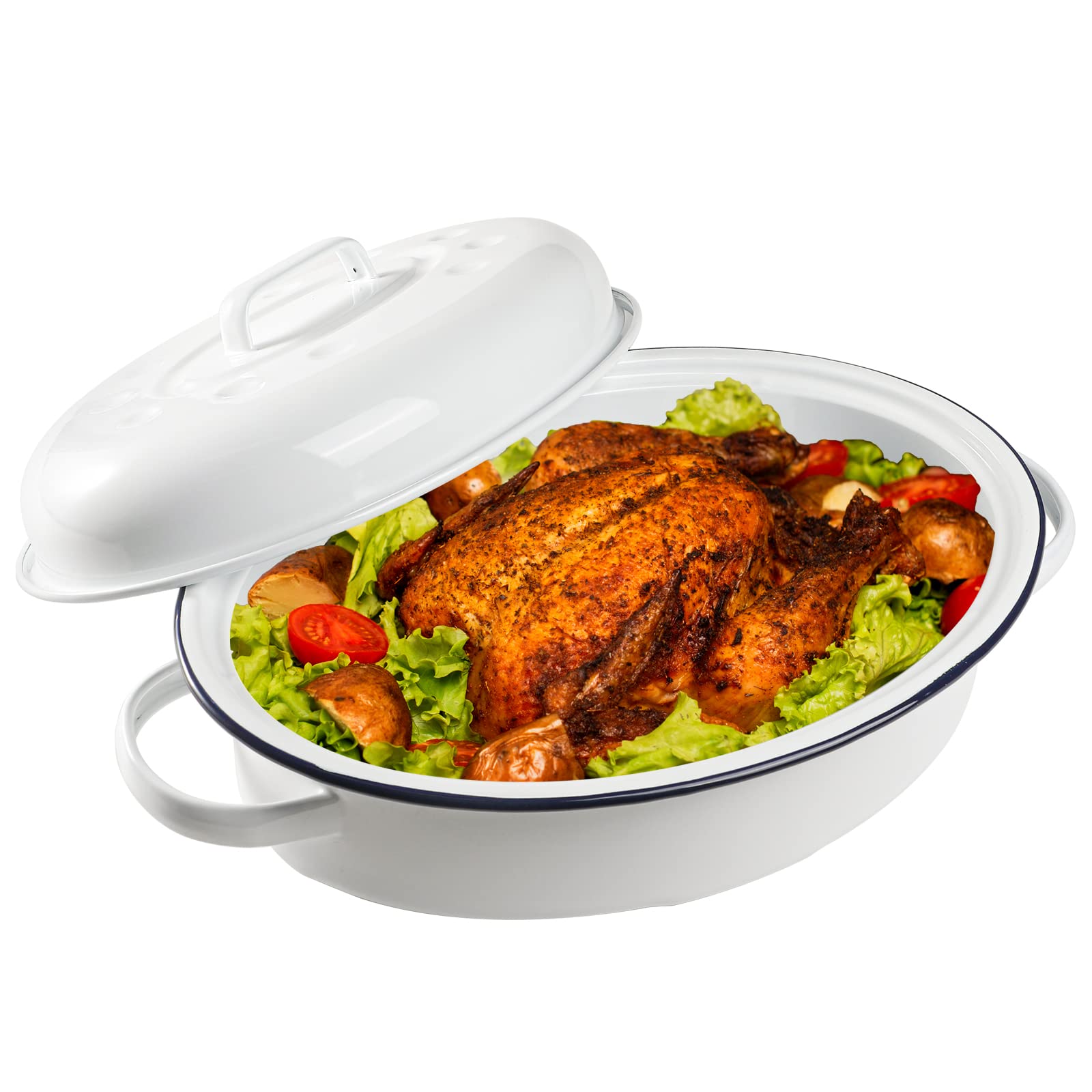 Webake Enameled Roasting Pan With Lid, Covered Roaster Pan Oval Pot Enamelware Cookware, 15.5 Inch, Vintage Farmhouse White