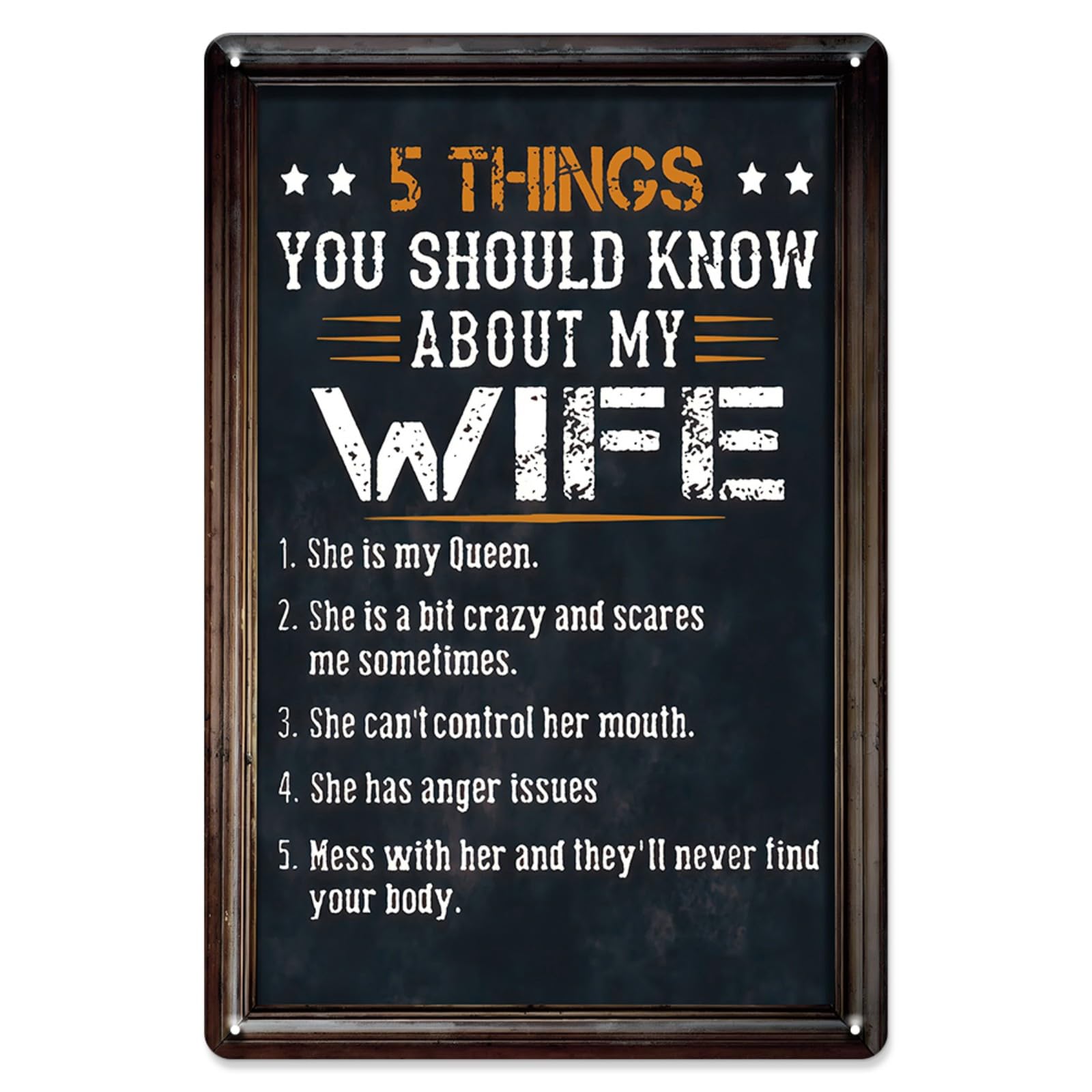 Vantage Metal Poster Wife Wall Sign - '5 Things You Should Know About My Wife' - Humorous Metal Decor 7.8 x 11.8 Inch, Gift for 