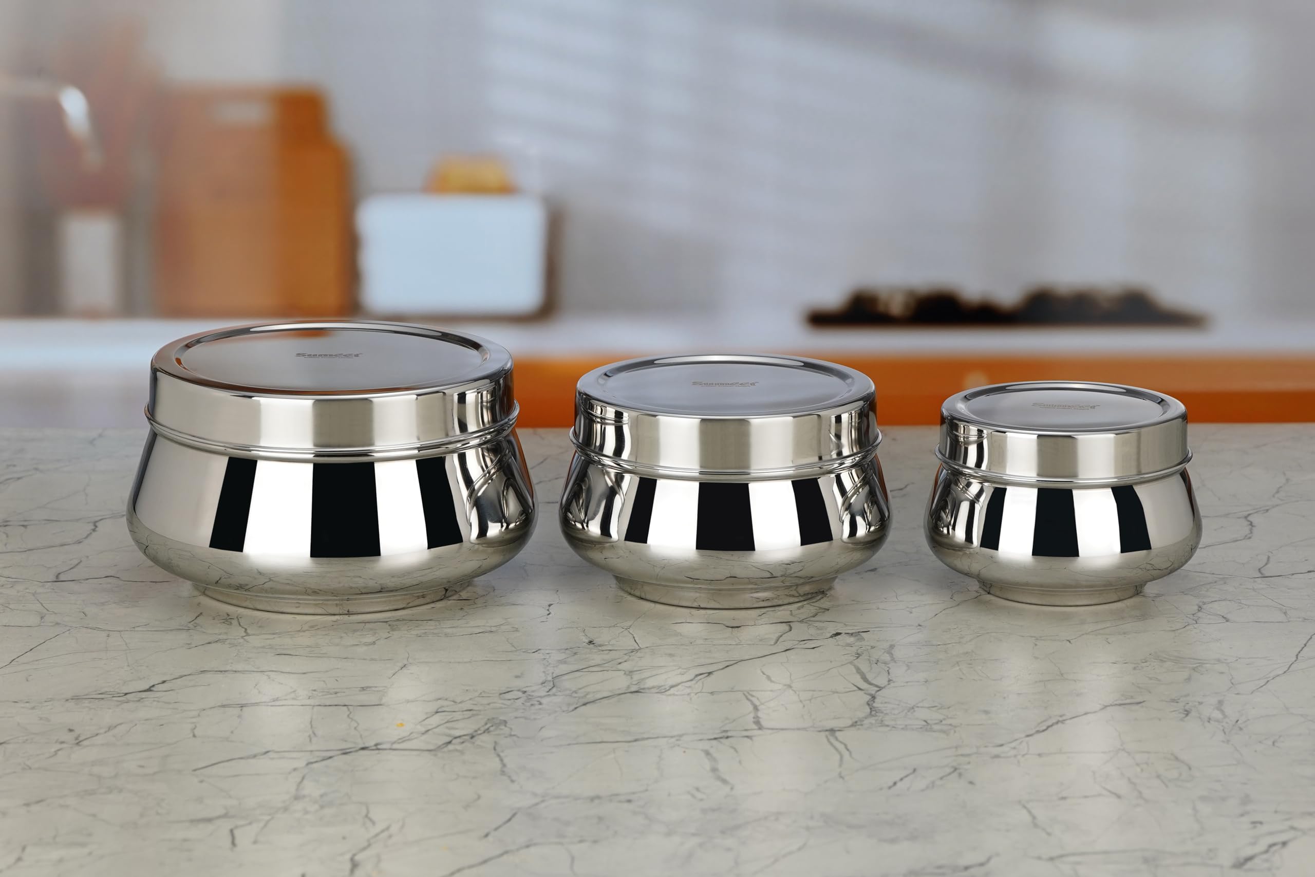 Sumeet Stainless Steel Handi Shape Big Size Canisters Dabba Storage Containers Set for kitchen  11.6cm  14.5cm & 17.5cm Dia  900ml  1450ml & 2400ml  Pack of 3  Silver