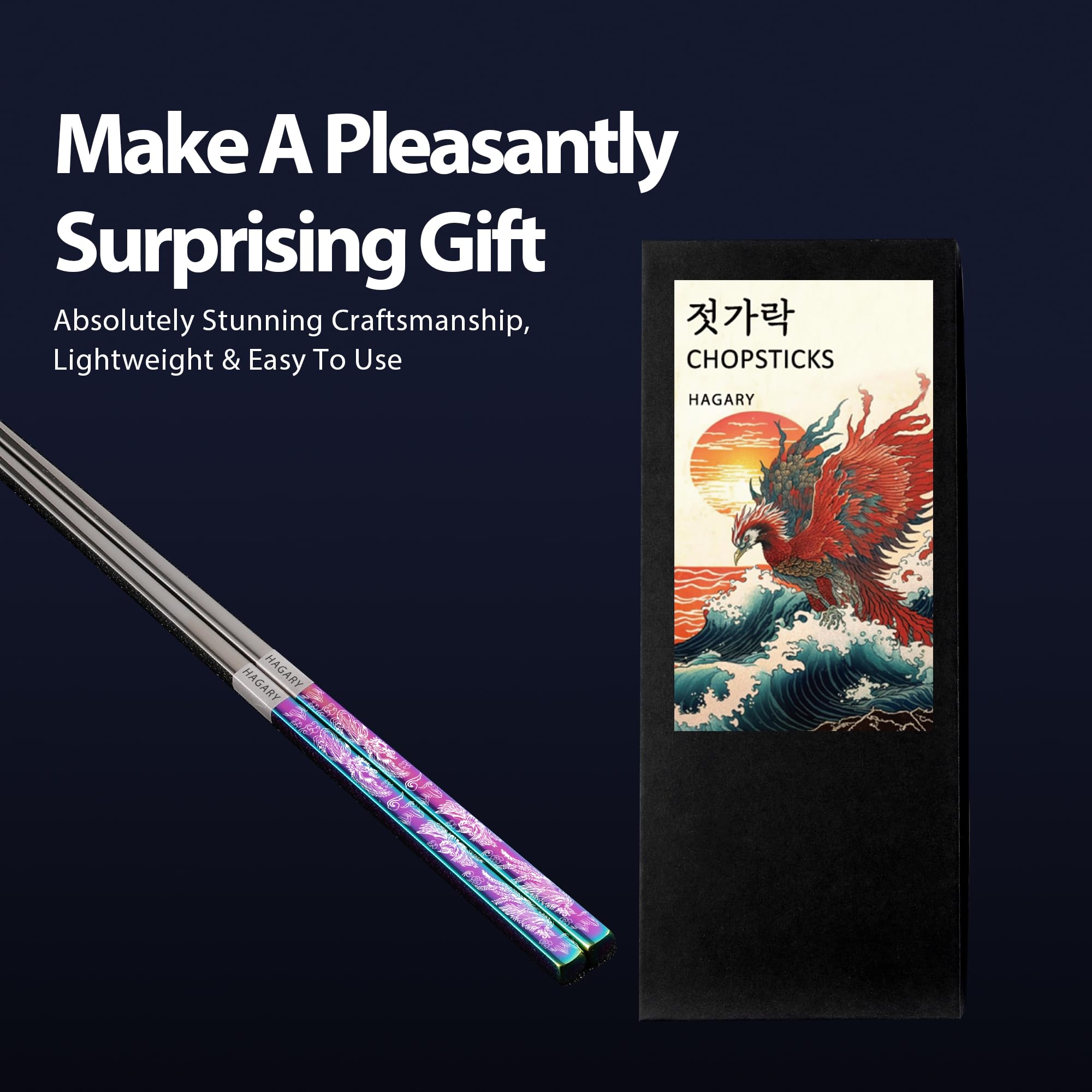 Phoenix Chopsticks Metal Reusable Designed In Korea Japanese Style Stainless Steel 316 18/10 Non-Slip Dishwasher Safe Laser Etch