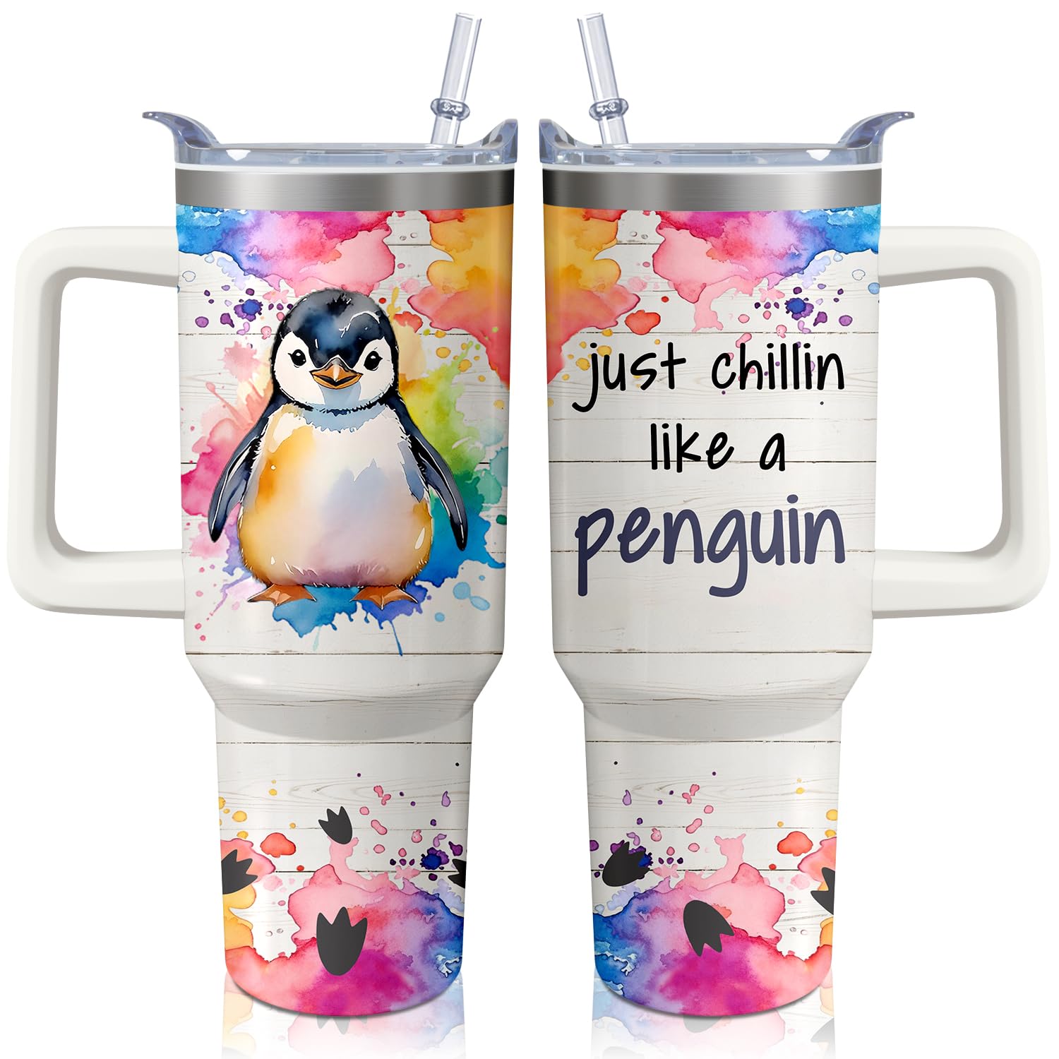 Xchearser 40oz Penguin Tumbler with Handle and Straw, Stainless Steel Insulated Cup with Lid and Straw, Travel Coffee Mug Water 