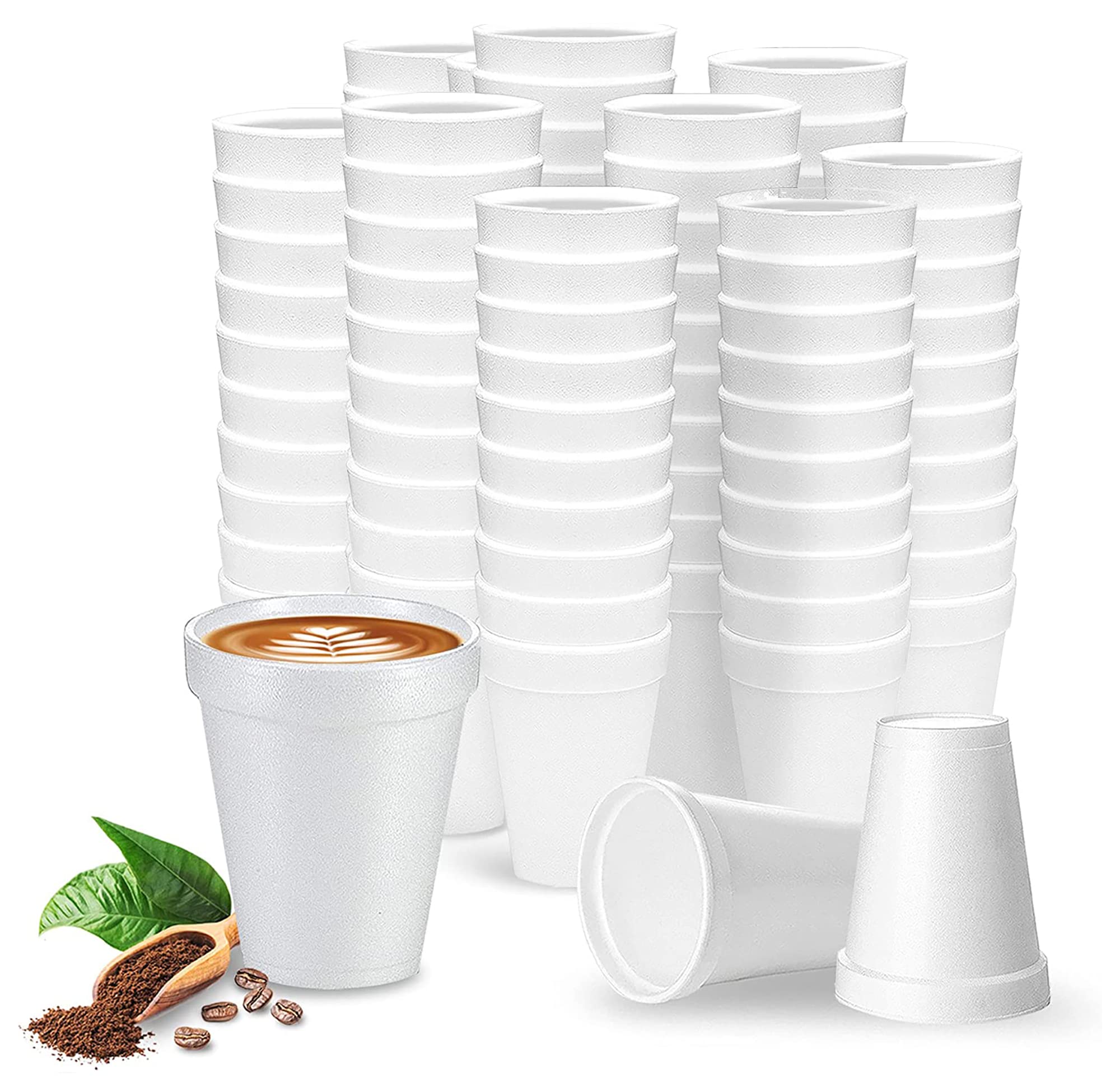 8 Oz Disposable Foam Cups (100 Pack), White Foam Cup Insulates Hot & Cold Beverages, Made In The Usa, To-Go Cups - For Coffee, T