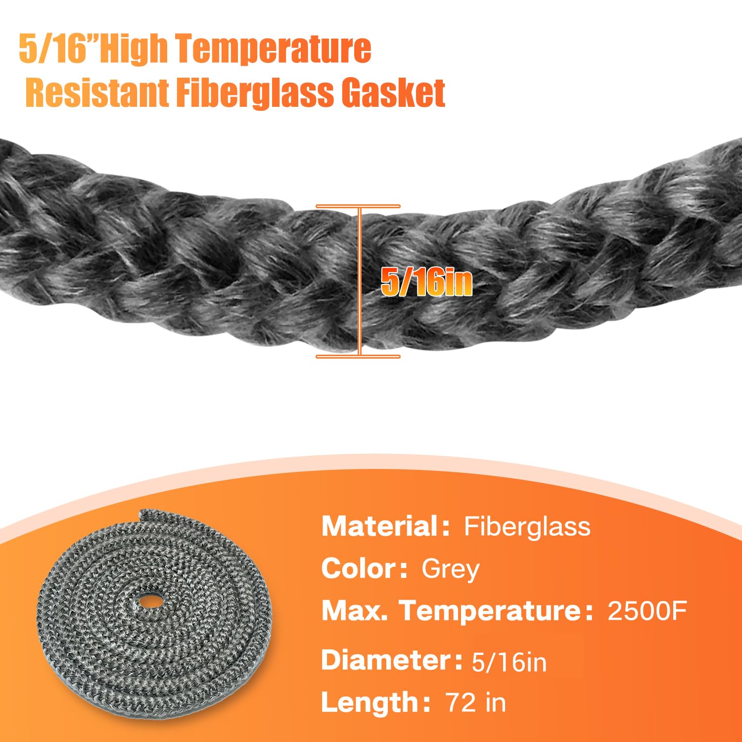 Protalwell Wood Stove Gasket 5/16" x 72" Fiberglass Rope Seal - Gray Color, High Temperature Resistant, Model G-5-16